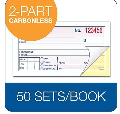 2-PART CARBONLESS

No. 123456

FROM: _______________________

FOR: [ ] FOR RENT [ ] FOR

ACCT. PAID DUE

CASH [ ] CHECK [ ] MONEY ORDER [ ] CREDIT CARD

FROM: _______________________

TO: A-2501 T-46820

BY: _______________________

50 SETS/BOOK