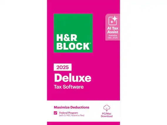 H&R Block AI Tax Assist Available Dec. 2025
2025 Deluxe Tax Software
Maximize Deductions
Federal Program (with 5 FREE federal e-files)
PC/Mac Download