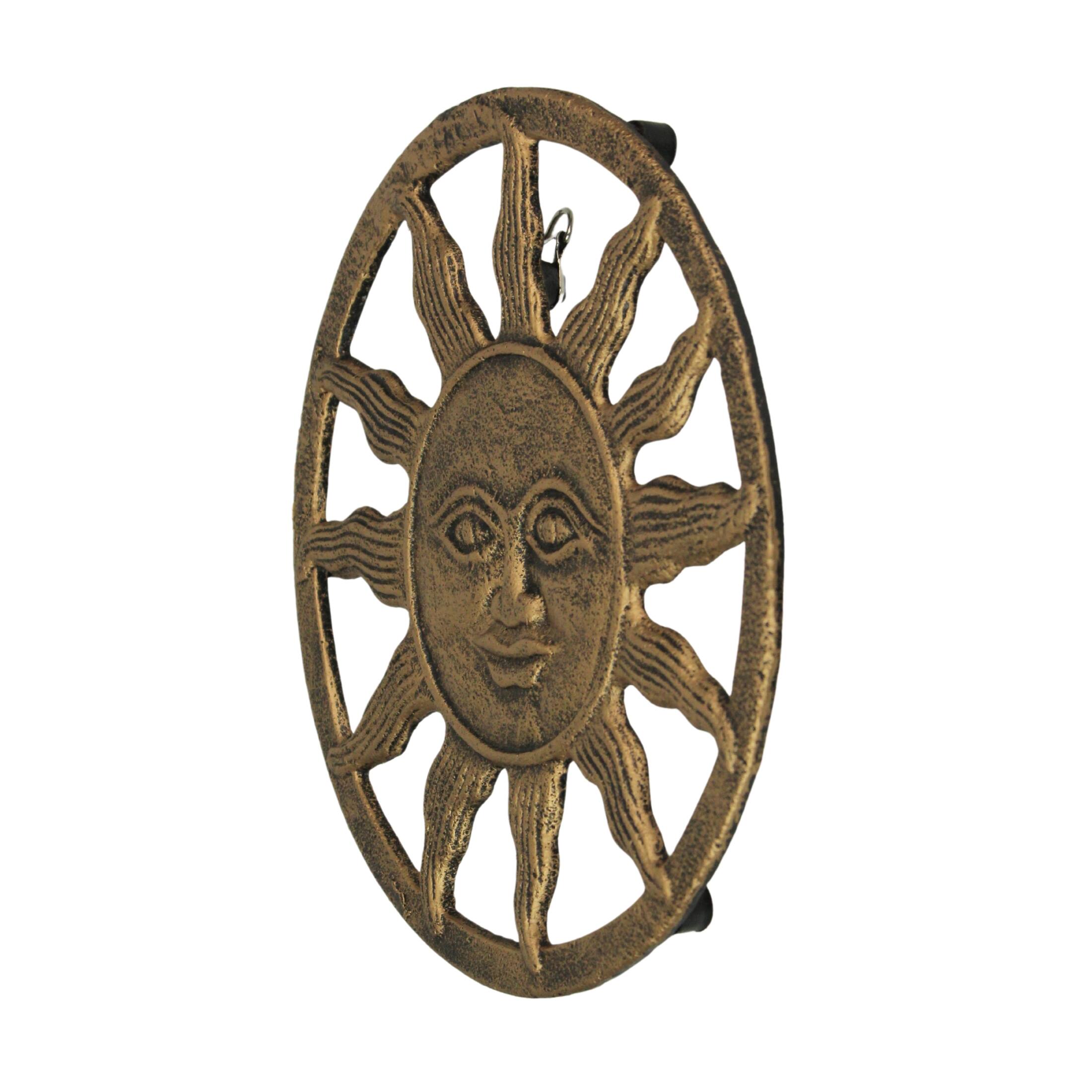 Alt View 2. Zeckos - Cast Iron Sun Face Trivet – Distressed Gold Finish, Heat-Resistant Kitchen Decor - Gold.