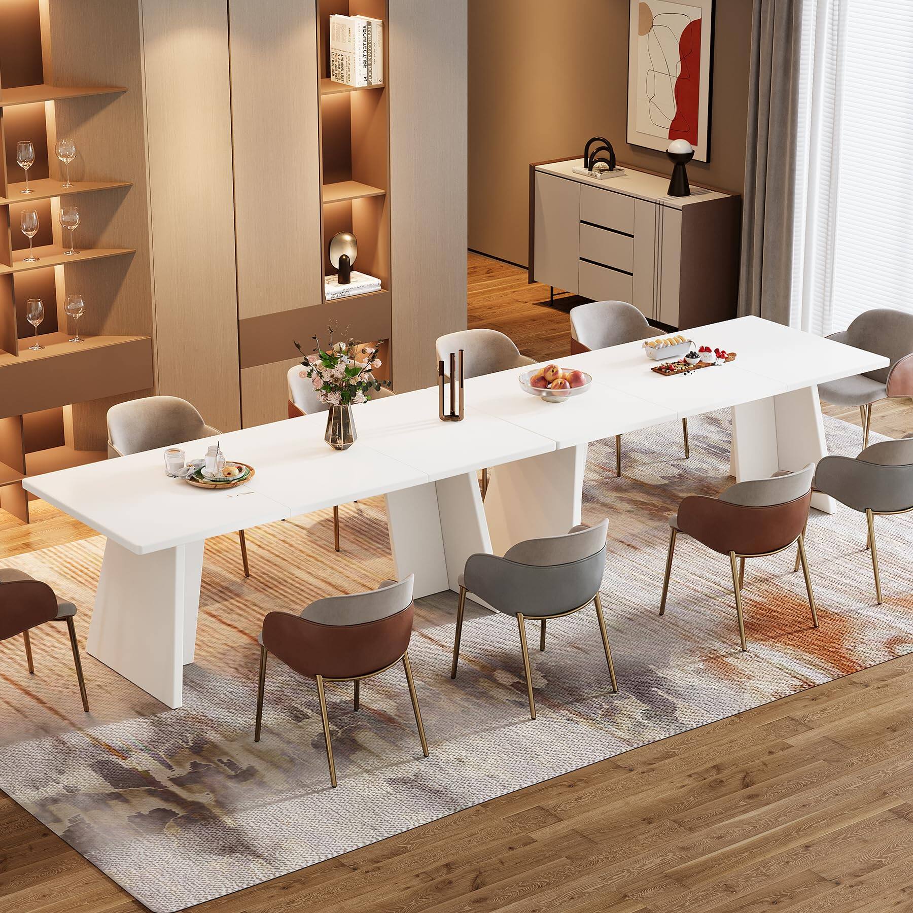 Alt View 4. Tribesigns - White Dining Table, 63" Modern Kitchen Table with Glossy Tabletop and Double Robust Pedestal, Large Rectangle Wooden Eat - White.