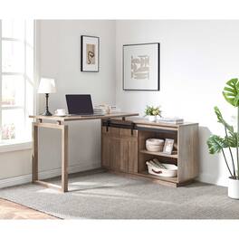 TinyHomie - Desk L-shaped Workstation Home Office attached storage credenza sliding barn door finished on the back reversible - Brown