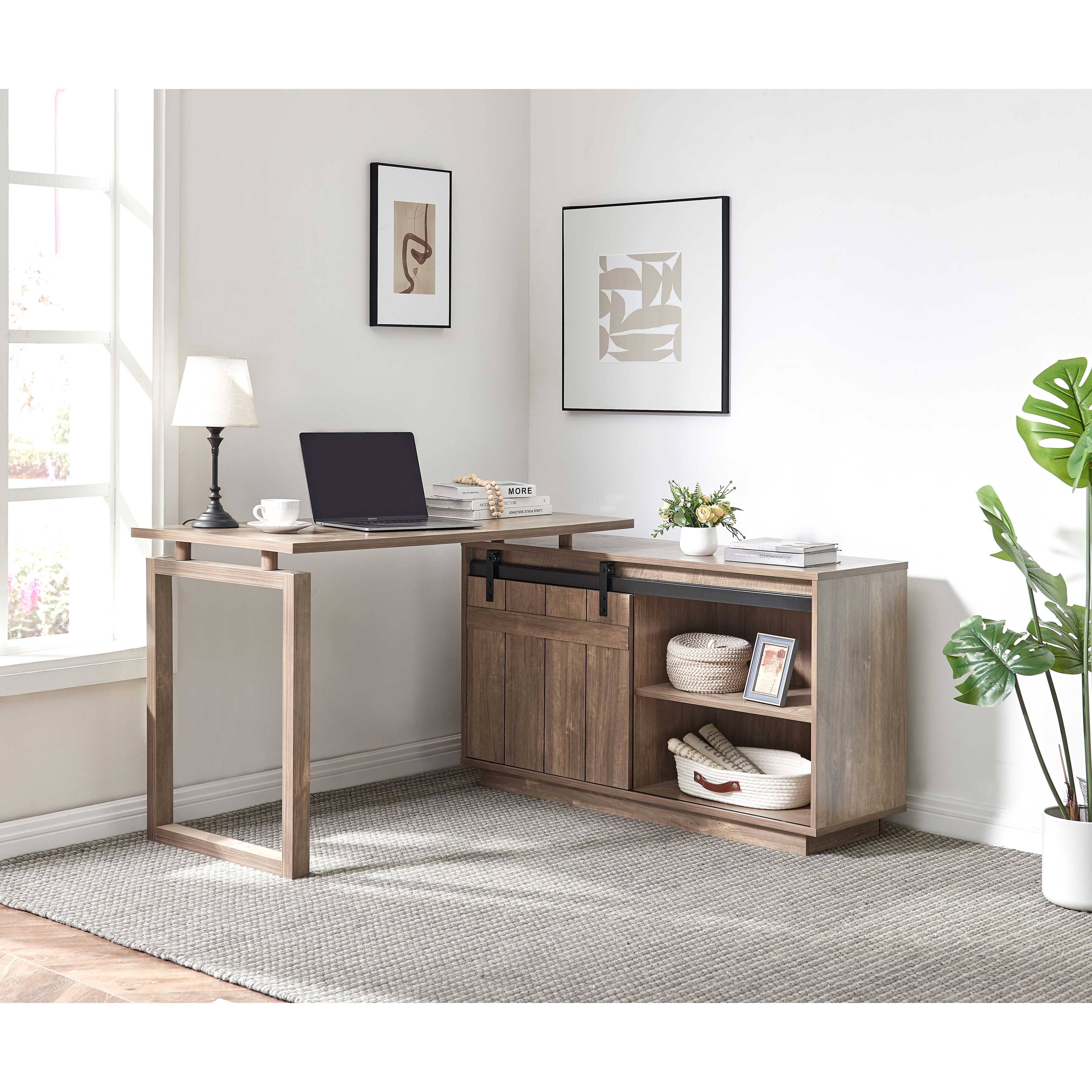 Front. TinyHomie - Desk L-shaped Workstation Home Office attached storage credenza sliding barn door finished on the back reversible - Brown.