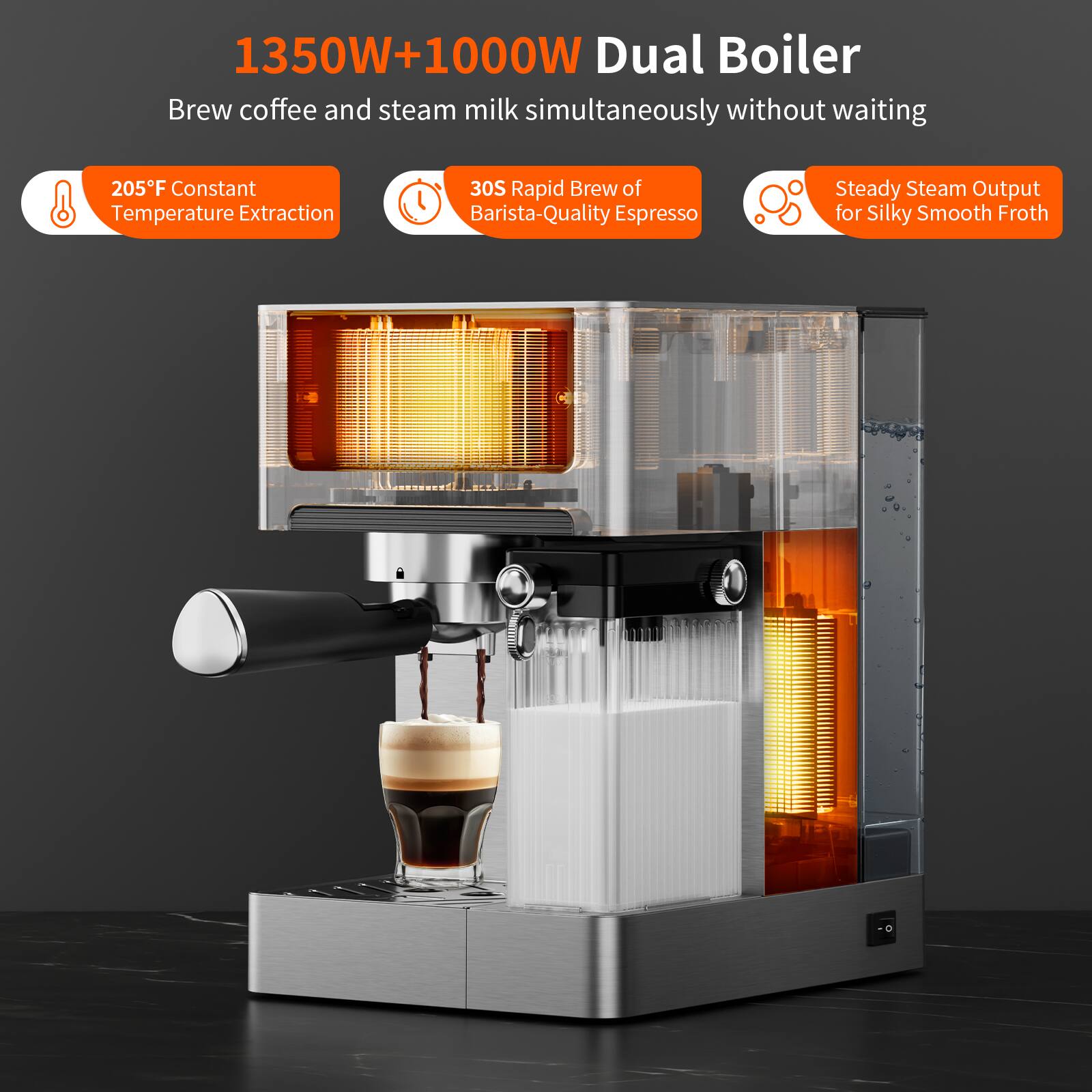1350W+1000W Dual Boiler
Brew coffee and steam milk simultaneously without waiting
205°F Constant Temperature Extraction
30S Rapid Brew of Barista-Quality Espresso
Steady Steam Output for Silky Smooth Froth