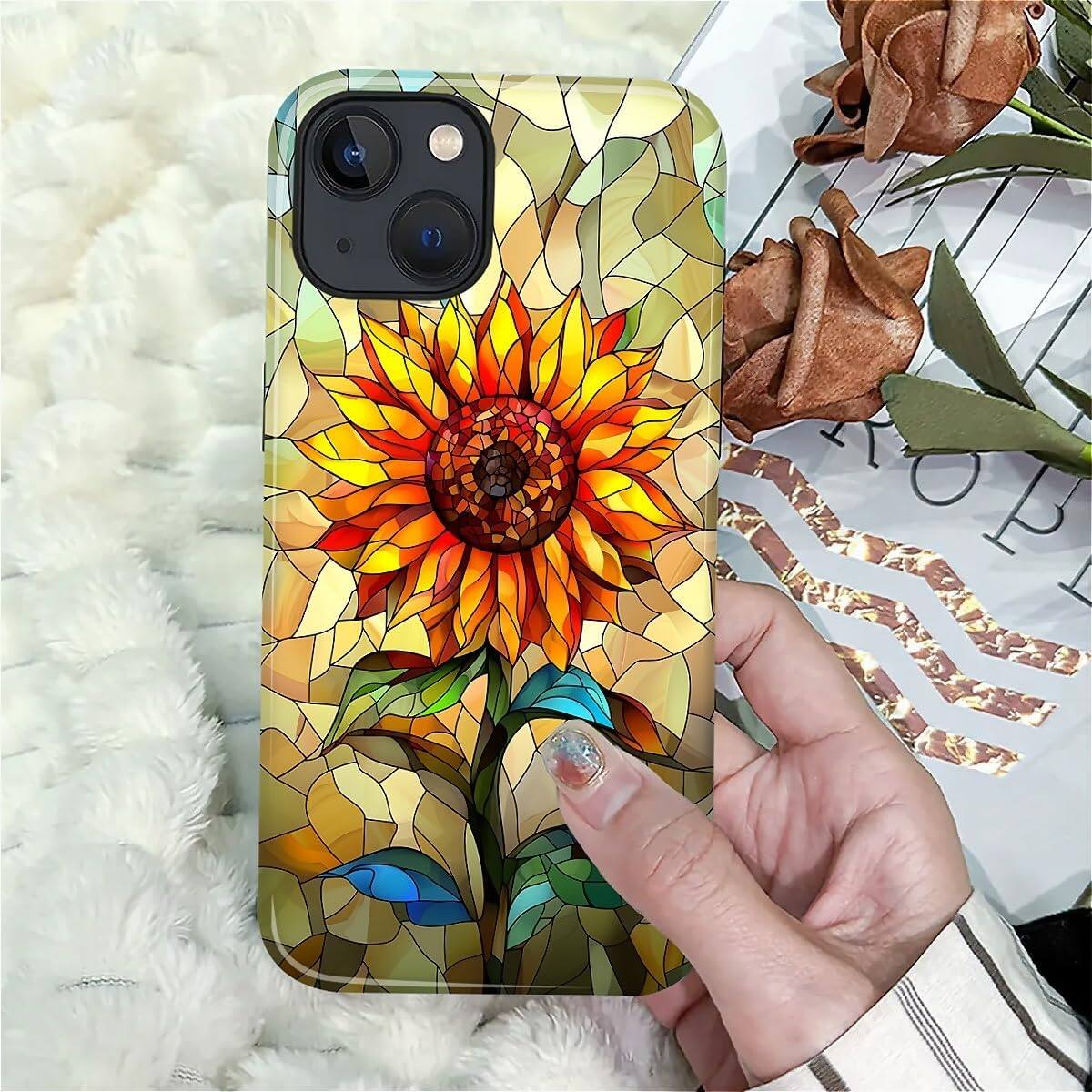 Alt View 5. Wikistore - Case for iPhone 14/13 - Hybrid 2-Layer Durable Smartphone Protection Case - Stained Glass Sunflower.