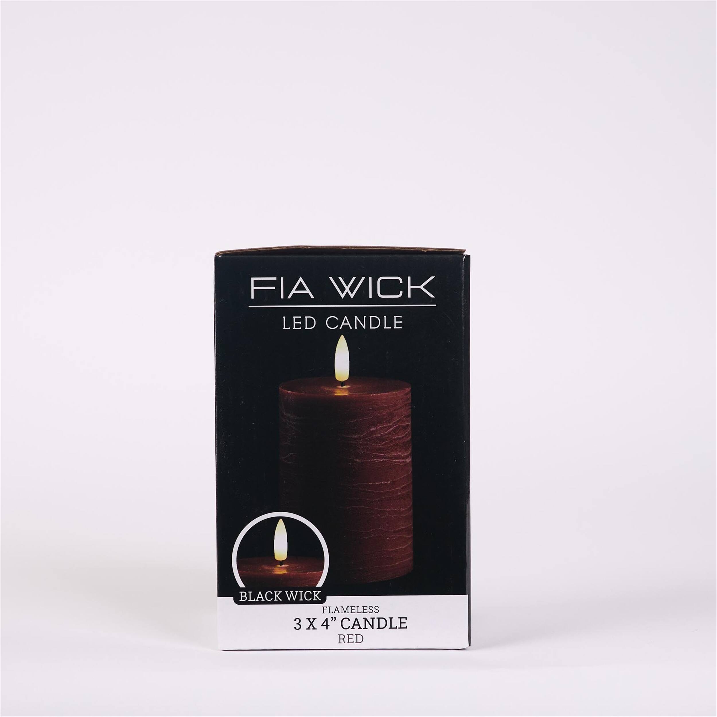 FIA WICK  
LED CANDLE  

BLACK WICK  
FLAMELESS  
3 X 4" CANDLE  
RED