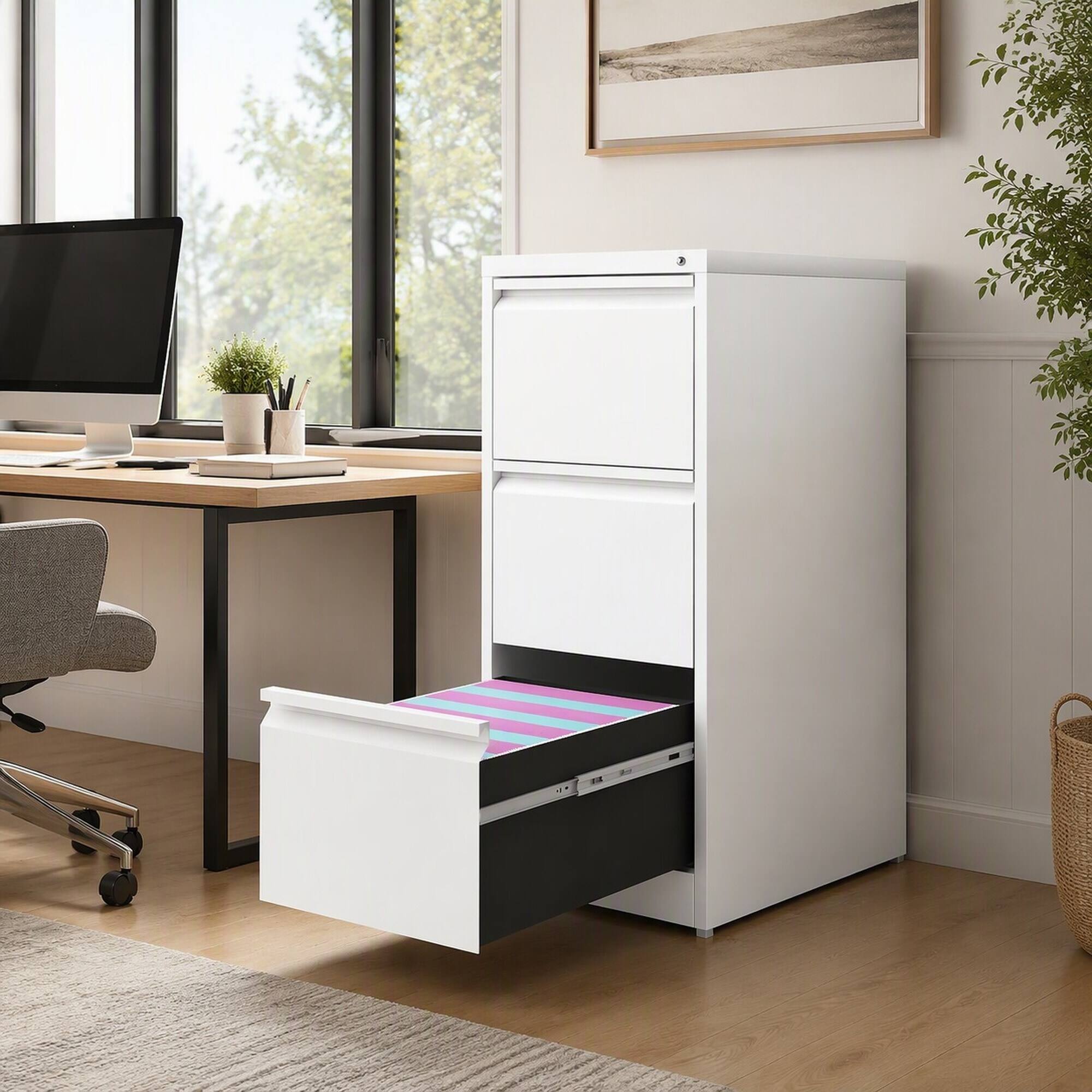 Angle. RYHNUYNE - Narrow 3 Drawer Vertical File Cabinet with Lock Metal Steel Storage for Home Office Fits A4 Letter Legal.