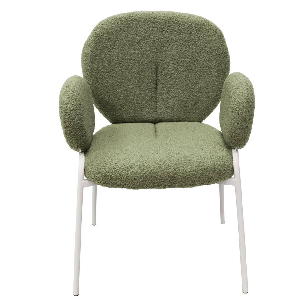 Back. LeisureMod - Celestial Modern Boucle Dining Chair with Arms, Textured Fabric Upholstered Armchair - White Metal Frame Kitchen Chair - Green.