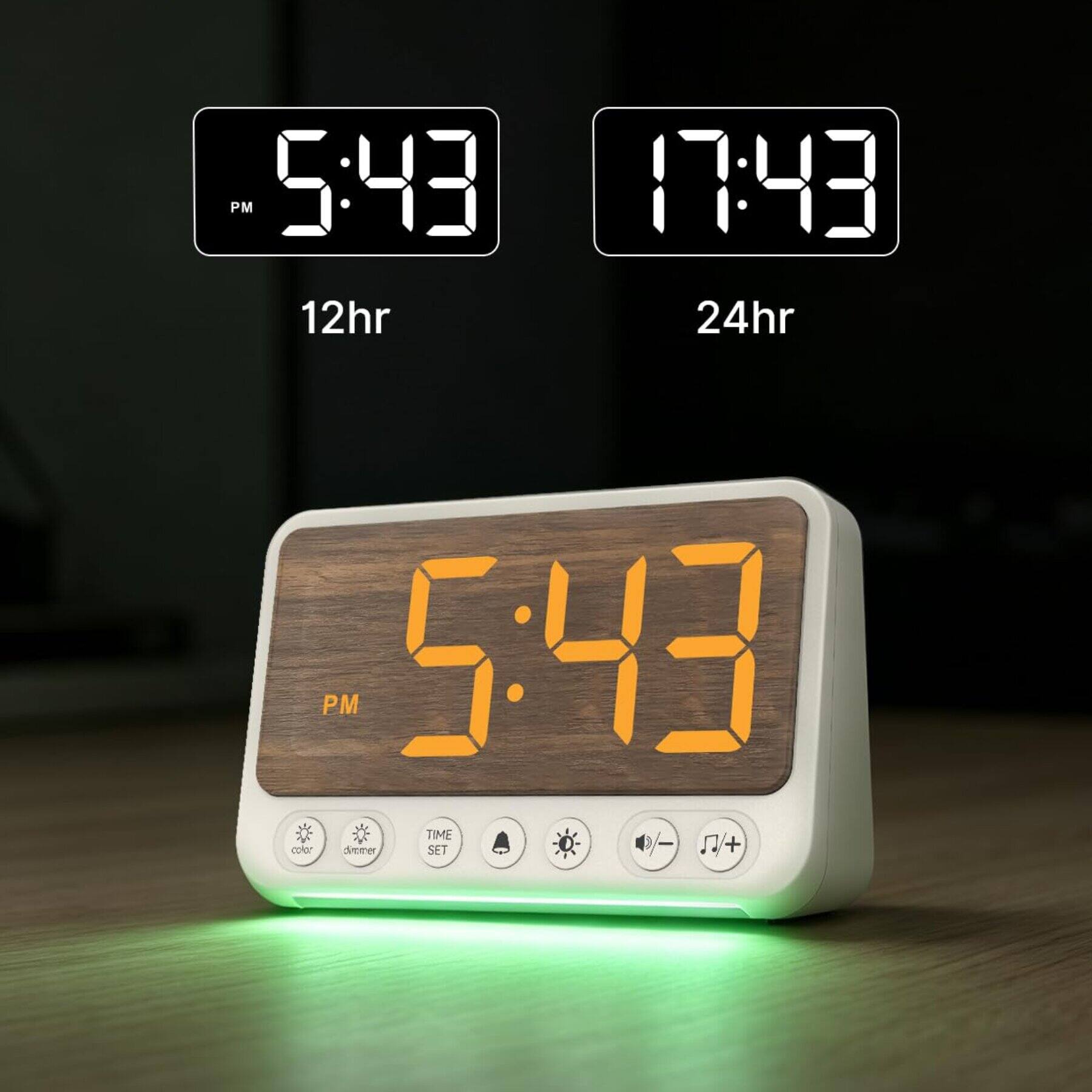 PM 5:43 12hr  
17:43 24hr  
PM 5:43 TIME color dimmer SET +