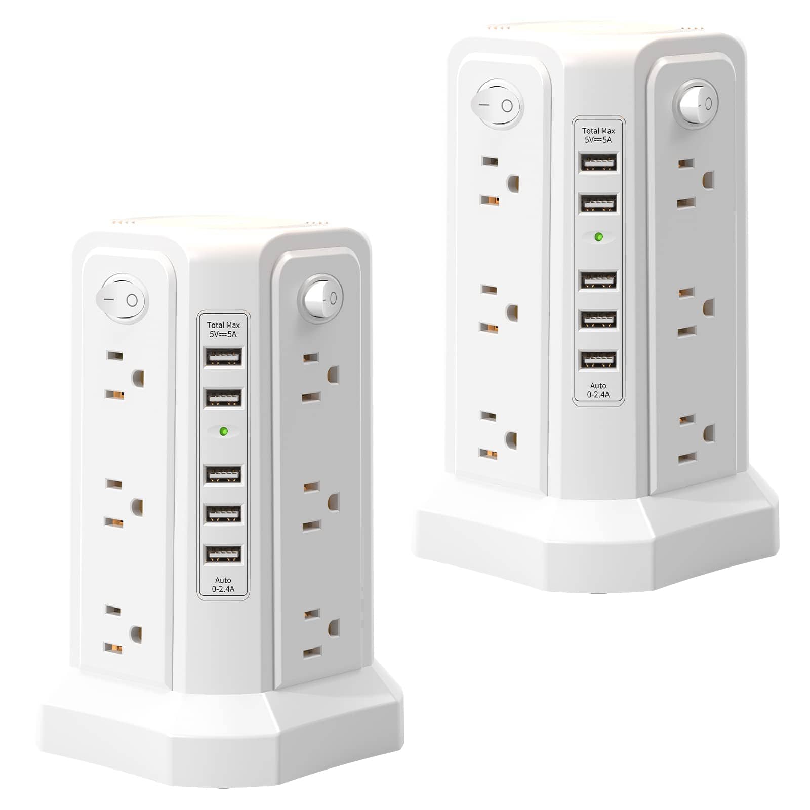 Dazzed Corner - 2PC Protector Power Strip Tower with 5 USB Ports,10FT Cord with 12 AC Multiple Outlets - White