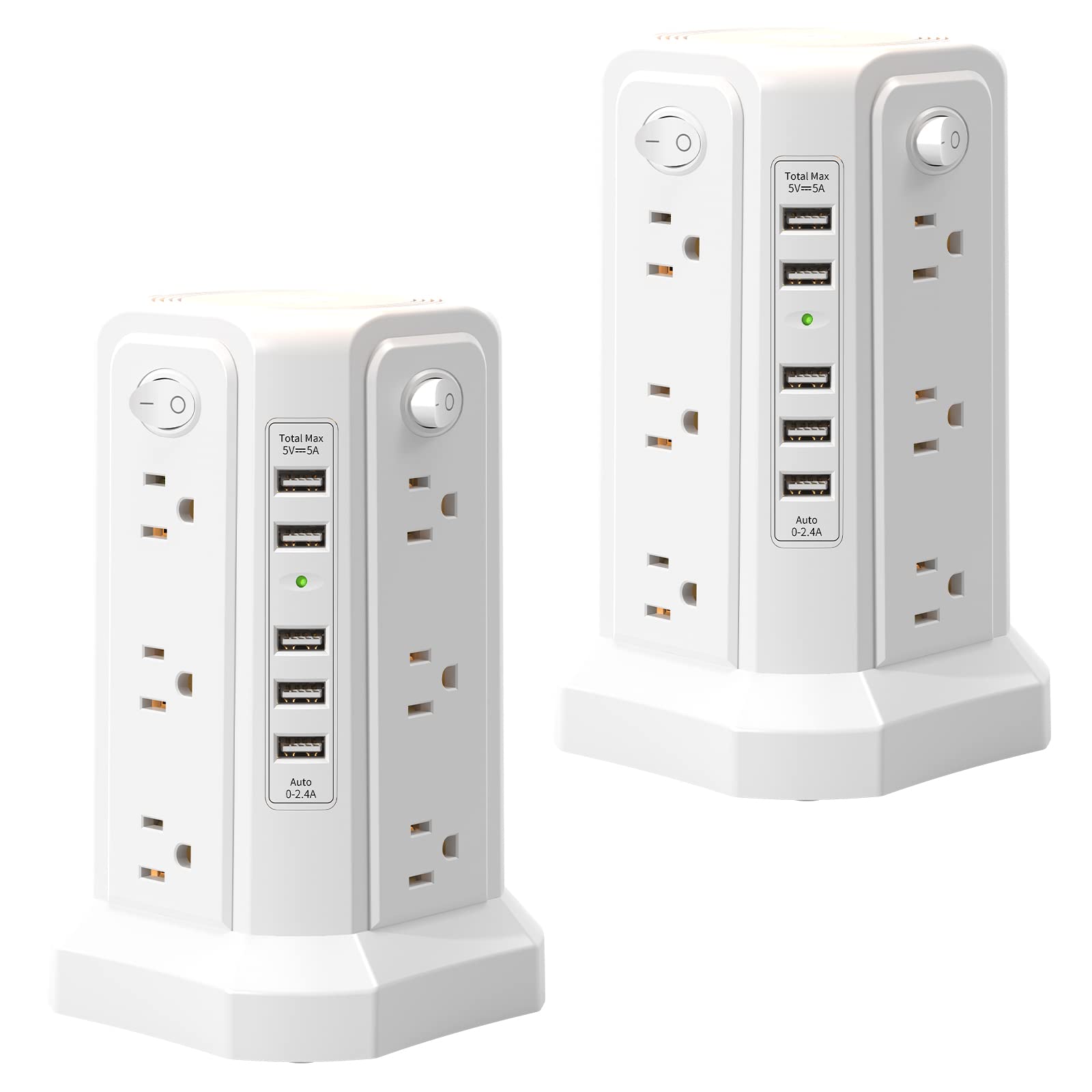 Dazzed Corner - 2PC Protector Power Strip Tower with 5 USB Ports,10FT Cord with 12 AC Multiple Outlets - White