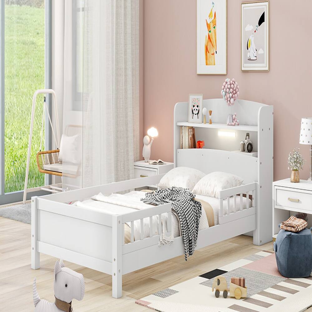 Alt View 1. Loheer - Loheer Twin Size Platform Bed, Wood Twin Bed with Built-in LED Light, Storage Headboard and Guardrail, White - White.