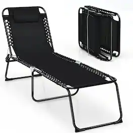 Gymax - Folding Beach Lounger Chaise Lounge Chair w/ Pillow 4-Level Backrest - Black