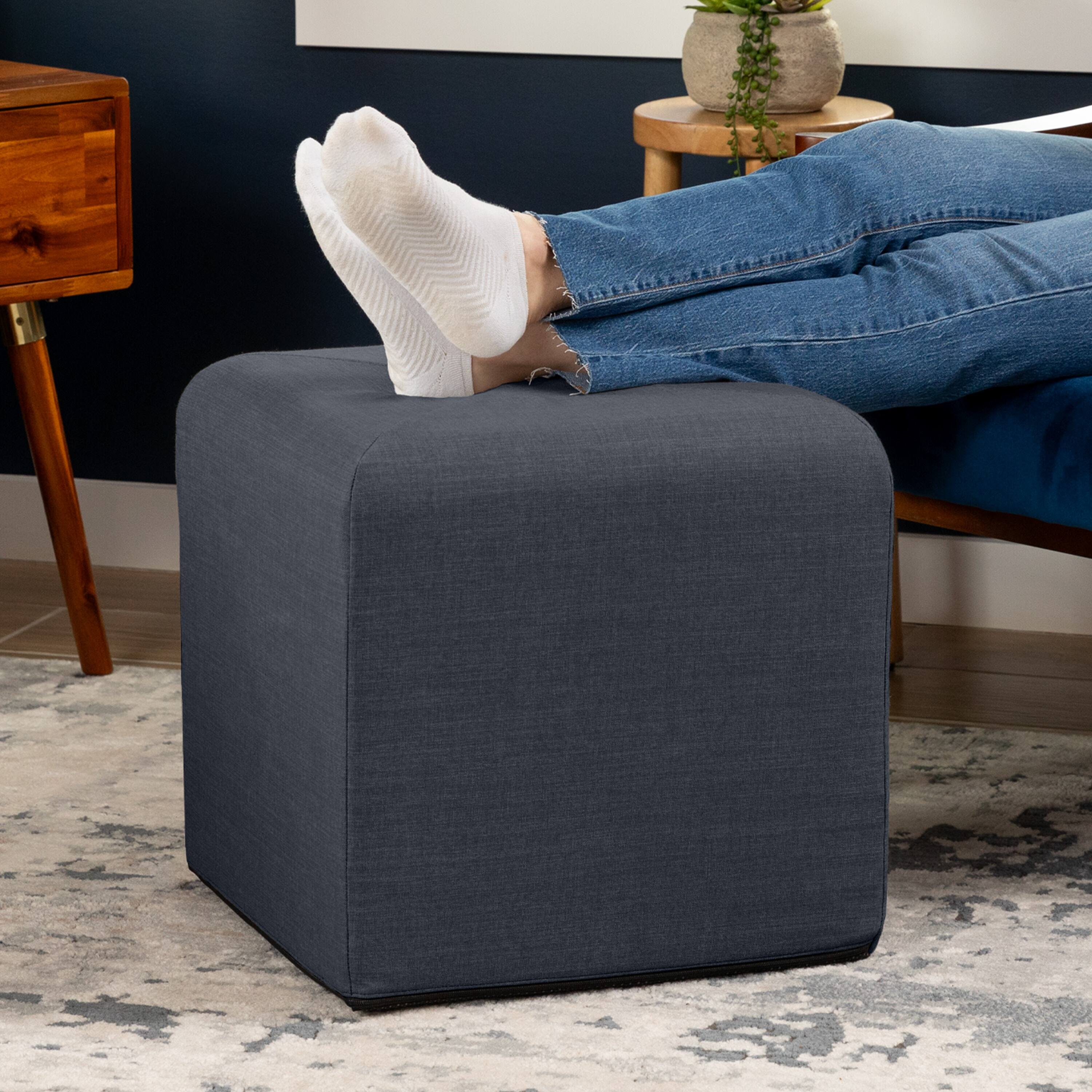 Angle. Jaxx - Jaxx Monroe Square Foam Ottoman with Stain Resistant Performance Fabric, Small (18 x 18), Blue Denim - Blue Denim.