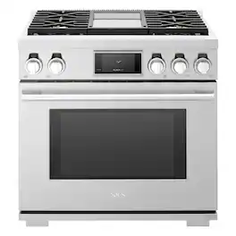 SKS - 36-inch 6.3 Cu. Ft. Freestanding Gas Convection Range with Smart Knobs and Griddle, 4 Burners - Stainless Steel
