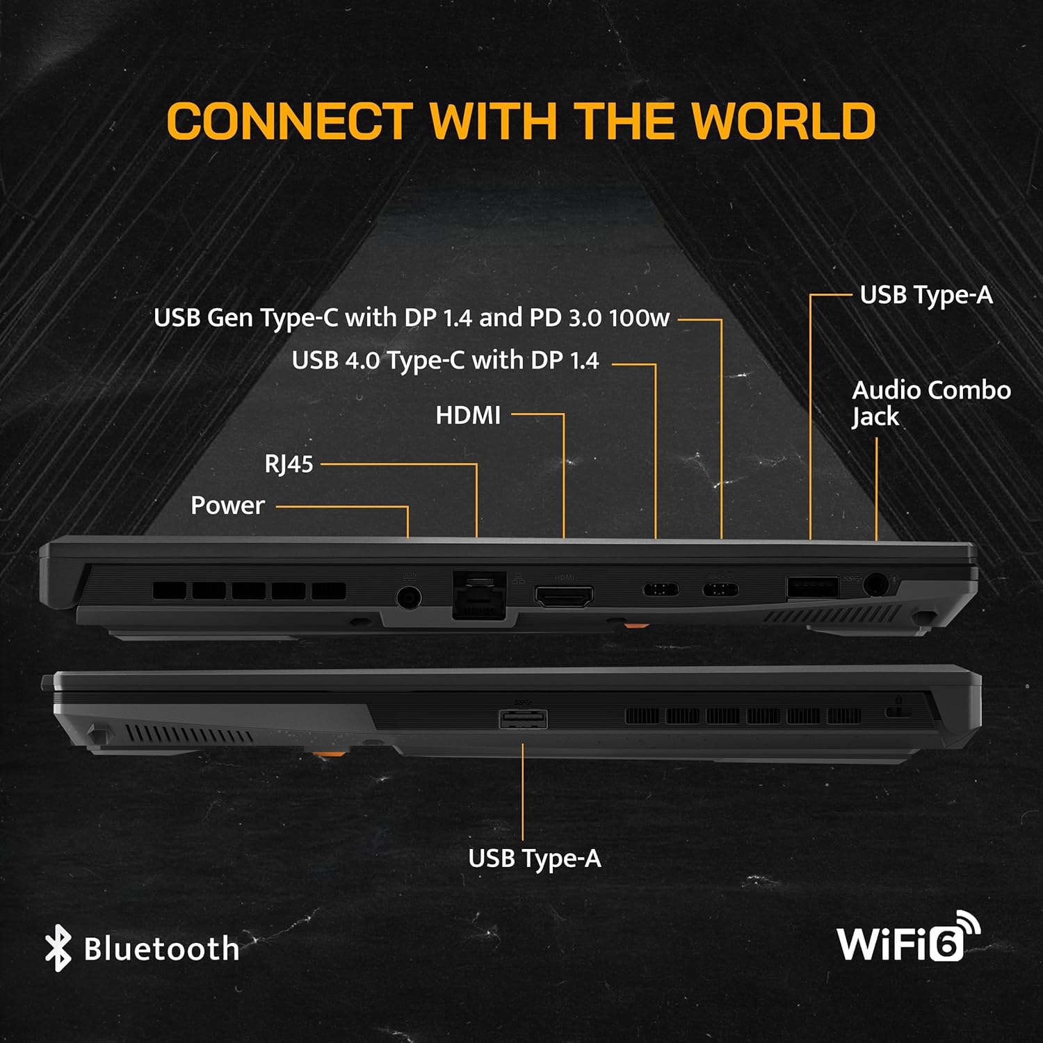 CONNECT WITH THE WORLD

- USB Gen Type-C with DP 1.4 and PD 3.0 100W
- USB 4.0 Type-C with DP 1.4
- HDMI
- RJ45
- Power
- USB Type-A
- Audio Combo Jack
- USB Type-A
- Bluetooth
- WiFi 6