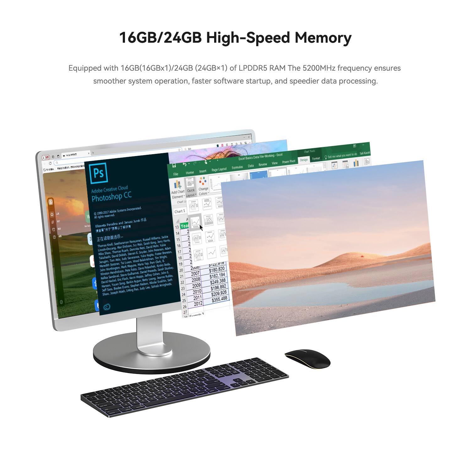 16GB/24GB High-Speed Memory  
Equipped with 16GB(16GBx1)/24GB (24GBx1) of LPDDR5 RAM. The 5200MHz frequency ensures smoother system operation, faster software startup, and speedier data processing.