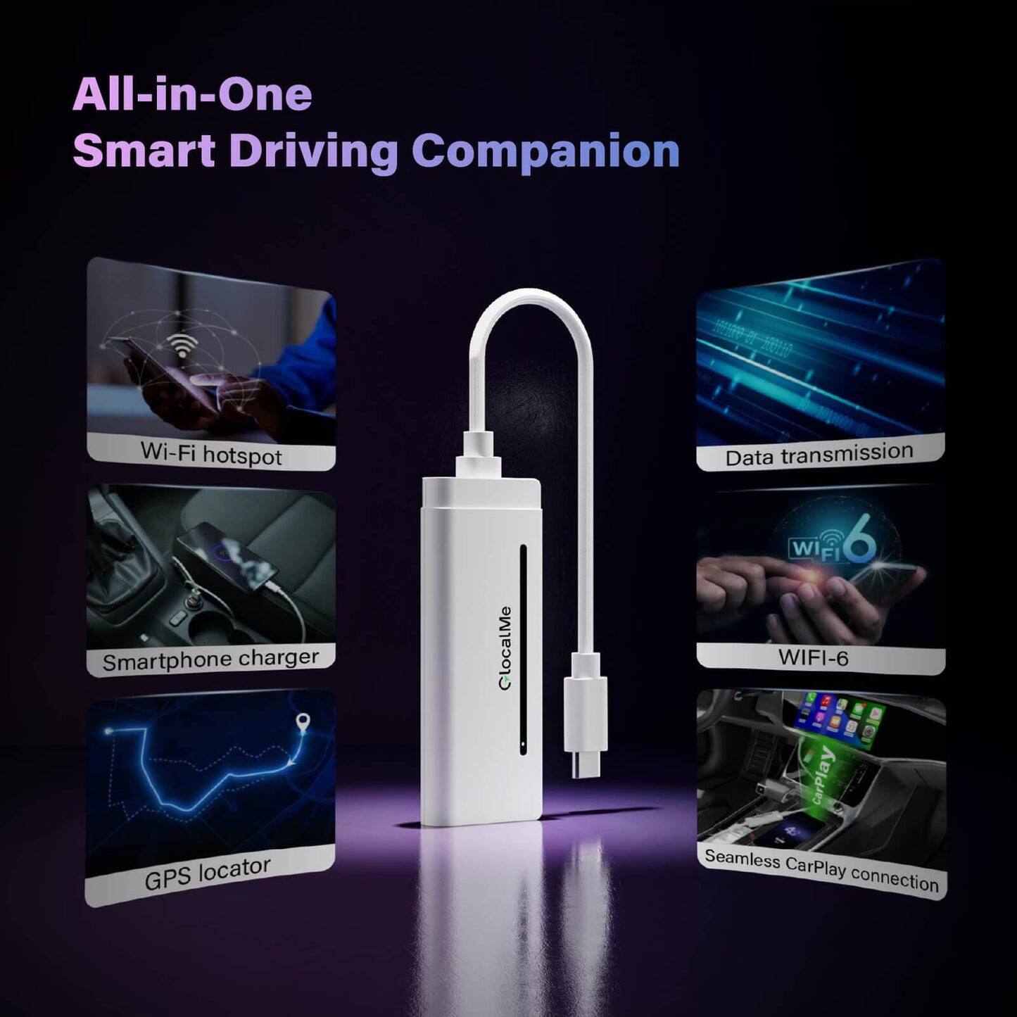 All-in-One Smart Driving Companion

- Wi-Fi hotspot
- Data transmission
- Smartphone charger
- GPS locator
- WIFI-6
- Seamless CarPlay connection