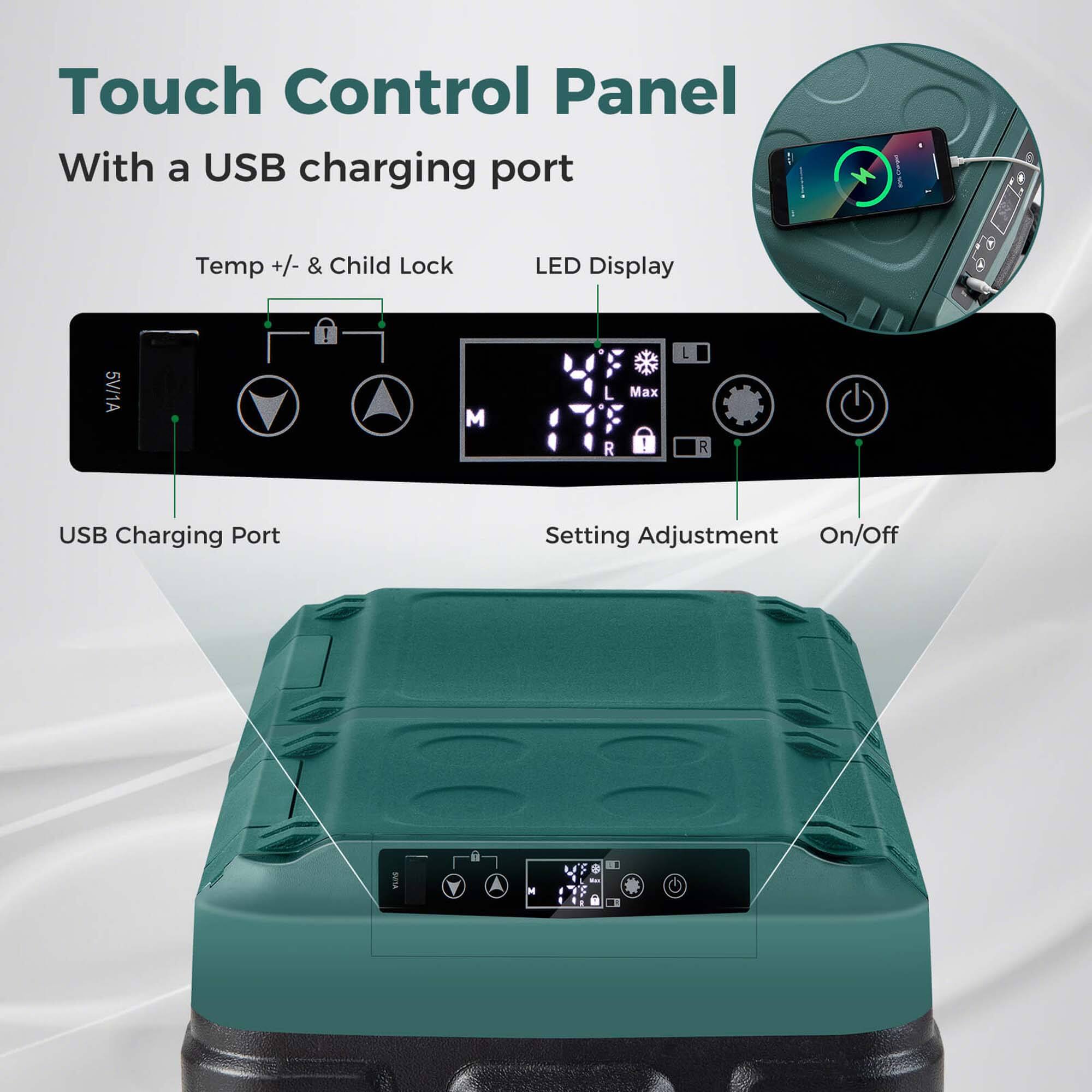 Touch Control Panel with USB charging port, LED display, and temperature control. The panel also includes a child lock feature and adjustable settings for on/off.