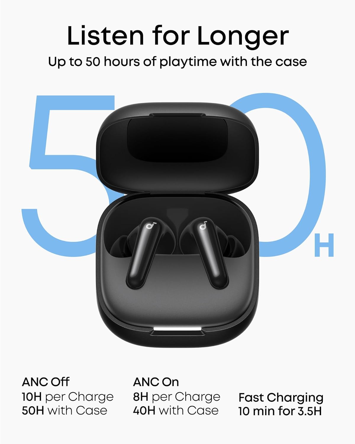 Listen for Longer  
Up to 50 hours of playtime with the case

ANC Off  
10H per Charge  
50H with Case

ANC On  
8H per Charge  
40H with Case

Fast Charging  
10 min for 3.5H