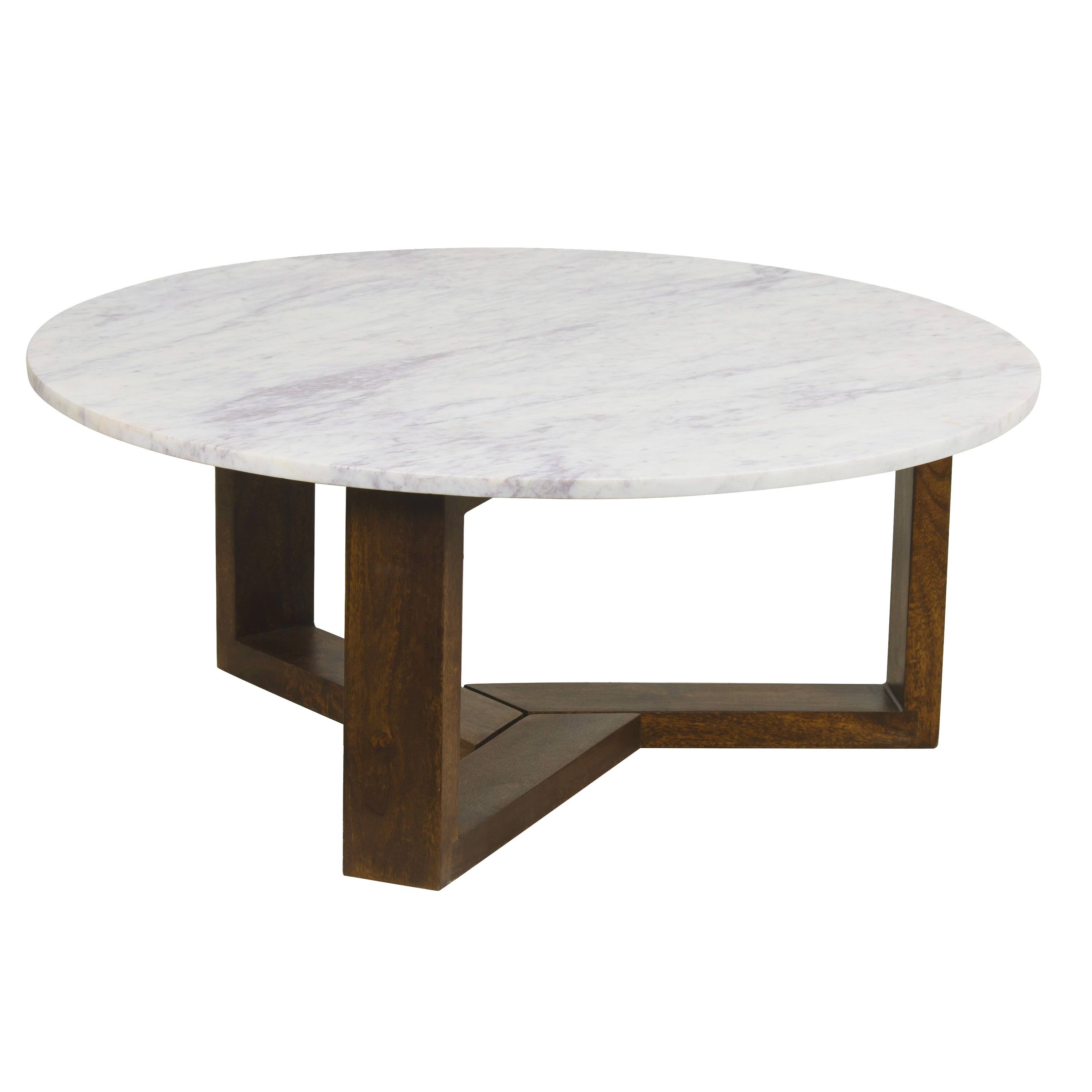 Angle. Manhattan Lane - Fina 38 Inch Round Coffee Table, White Genuine Marble Top, Natural Brown Mango Wood 3 Leg Sled Base - White, Natural Brown.