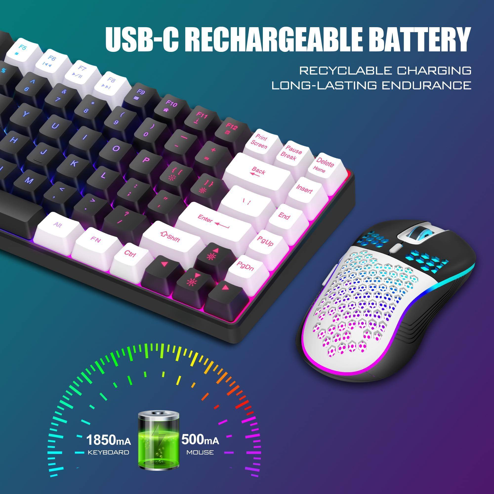 USB-C RECHARGEABLE BATTERY  
RECYCLABLE CHARGING  
LONG-LASTING ENDURANCE  

1850mA KEYBOARD  
500mA MOUSE