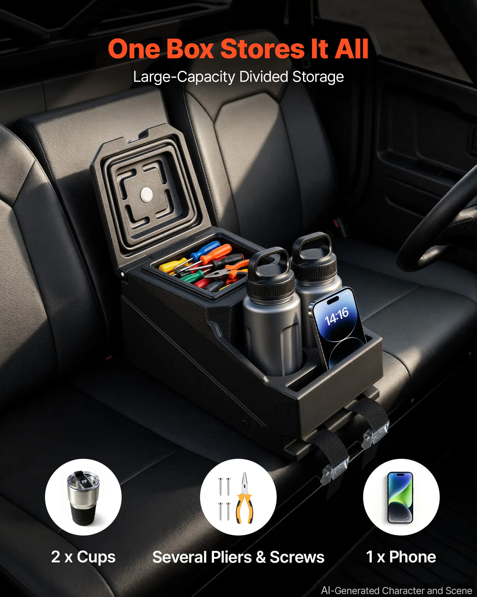 One Box Stores It All  
Large-Capacity Divided Storage  

14:16  
2 x Cups  
Several Pliers & Screws  
1 x Phone  

AI-Generated Character and Scene