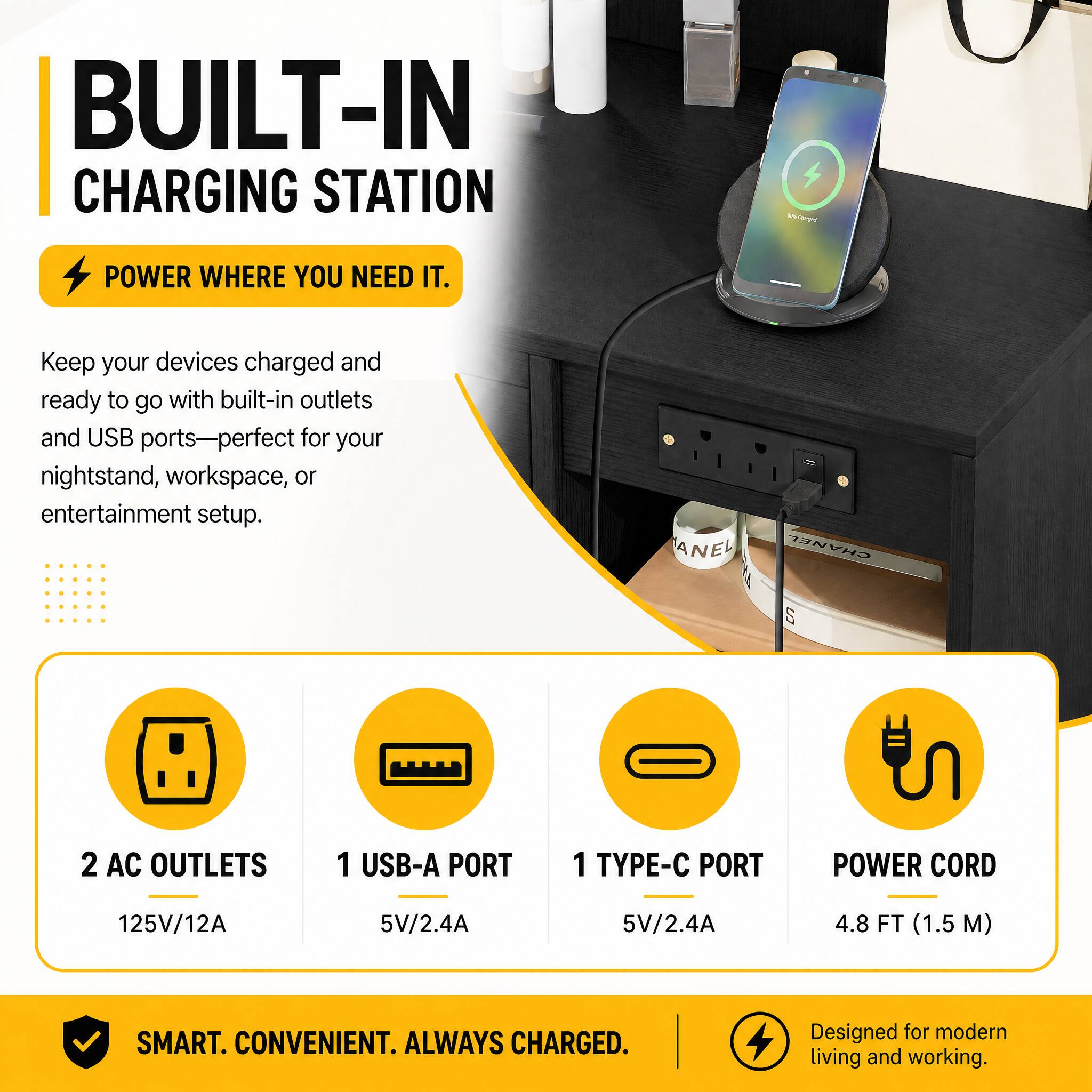 BUILT-IN CHARGING STATION

POWER WHERE YOU NEED IT.

Keep your devices charged and ready to go with built-in outlets and USB ports—perfect for your nightstand, workspace, or entertainment setup.

2 AC OUTLETS
125V/12A

1 USB-A PORT
5V/2.4A

1 TYPE-C PORT
5V/2.4A

POWER CORD
4.8 FT (1.5 M)

SMART. CONVENIENT. ALWAYS CHARGED.

Designed for modern living and working.