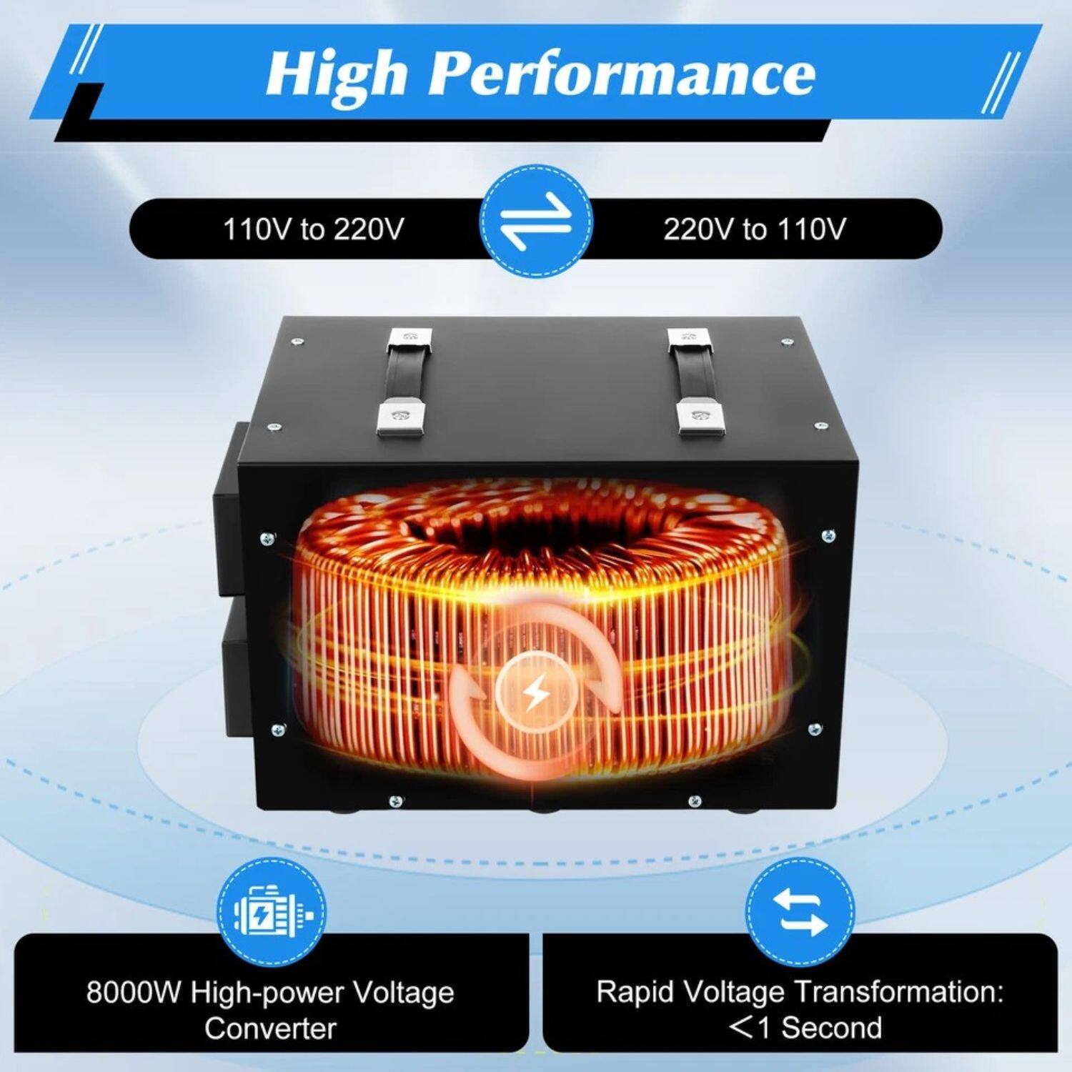 High Performance

110V to 220V  
220V to 110V

8000W High-power Voltage Converter

Rapid Voltage Transformation: <1 Second