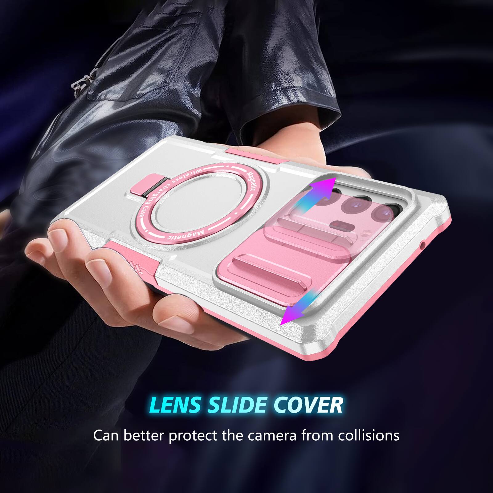 Wireless charging case with magnetic lens slide cover can better protect the camera from collisions
