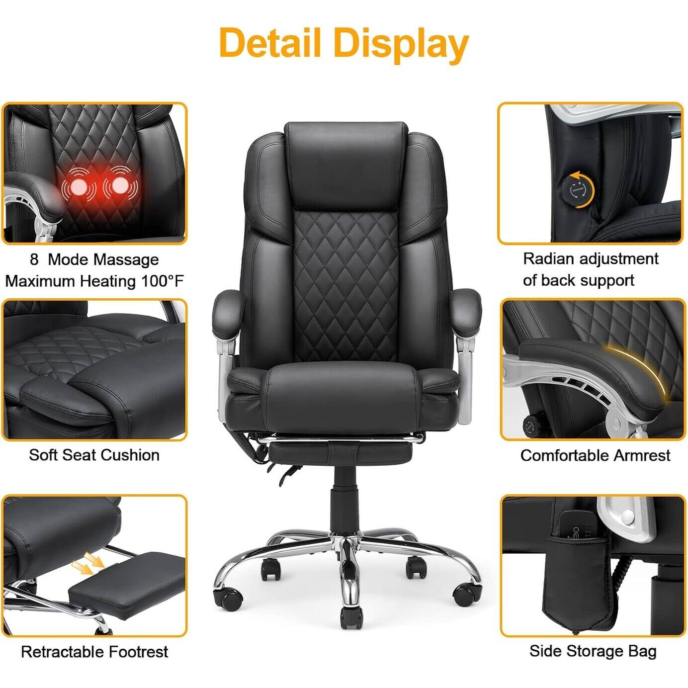 Detail Display

- 8 Mode Massage
- Maximum Heating 100°F
- Soft Seat Cushion
- Retractable Footrest
- Radian adjustment of back support
- Comfortable Armrest
- Side Storage Bag