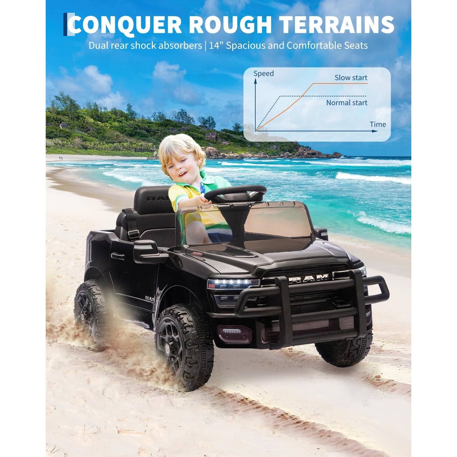CONQUER ROUGH TERRAINS  
Dual rear shock absorbers | 14" Spacious and Comfortable Seats  

Speed  
Slow start  
Normal start  
Time