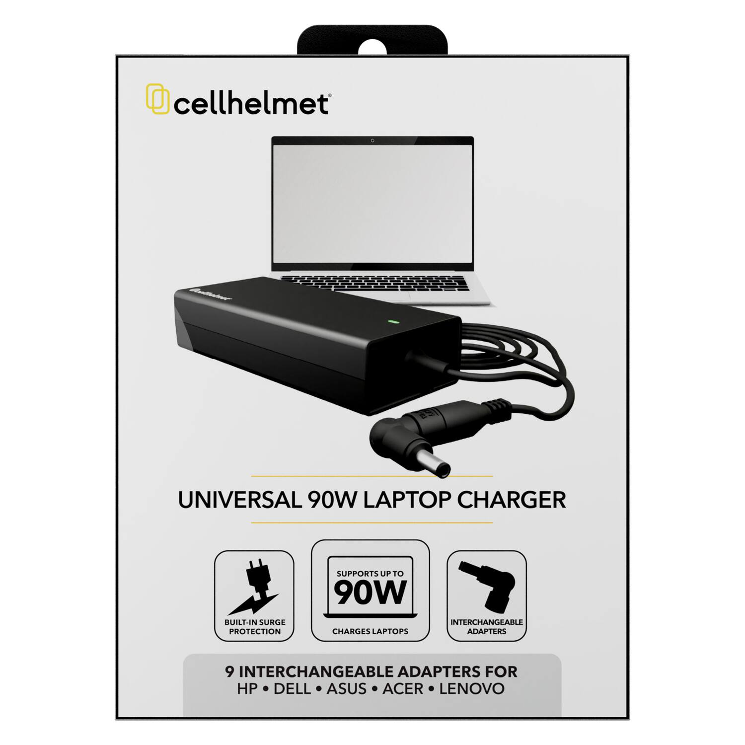cellhelmet UNIVERSAL 90W LAPTOP CHARGER BUILT-IN SURGE PROTECTION SUPPORTS UP TO 90W INTERCHANGEABLE ADAPTERS 9 INTERCHANGEABLE ADAPTERS FOR HP DELL ASUS ACER LENOVO