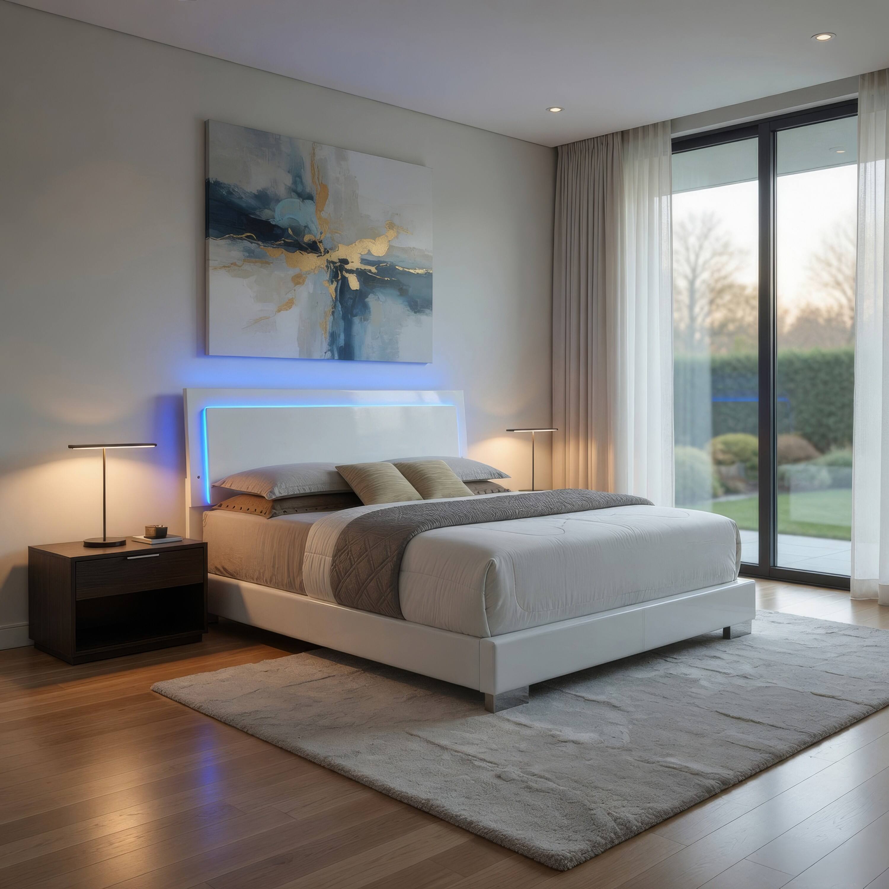 Alt View 5. Manhattan Lane - Sok California King Panel Bed, LED Headboard, Low Profile Footboard - White.