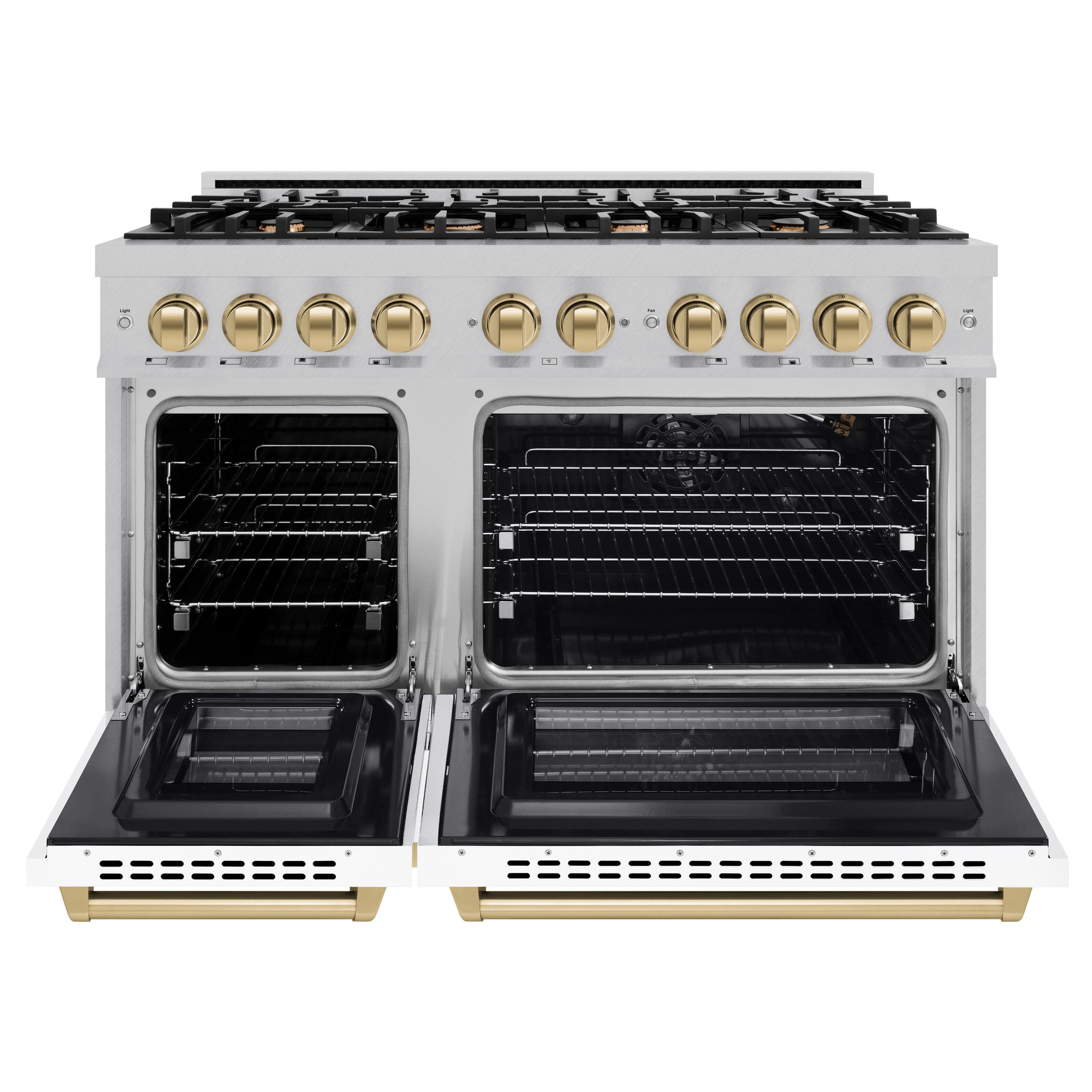 Left. ZLINE - ZLINE Autograph 48 in. 6.7 cu. ft. Freestanding Select Satin Steel Gas Range w/ White Doors & Bronze Accents - Satin Stainless Steel.