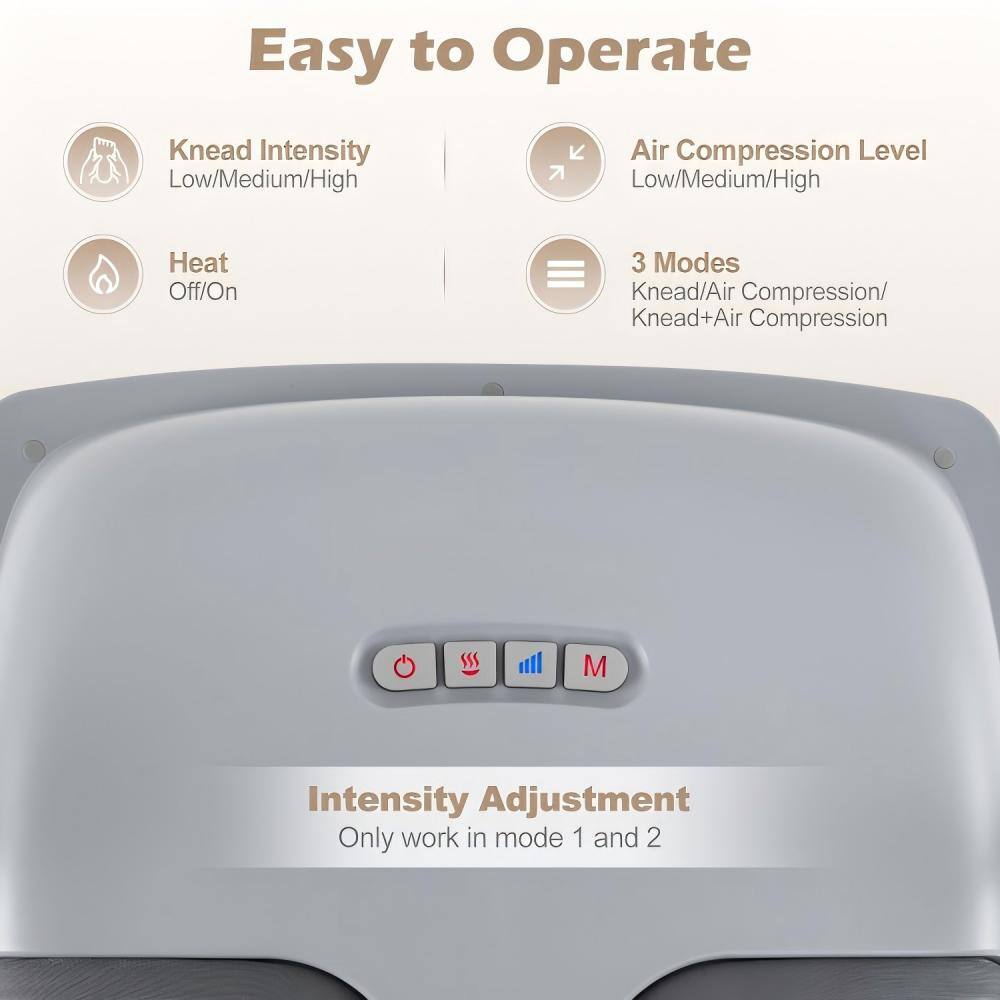 Easy to Operate

- Knead Intensity: Low/Medium/High
- Air Compression Level: Low/Medium/High
- Heat: Off/On
- 3 Modes: Knead/Air Compression/Knead+Air Compression

Intensity Adjustment: Only work in mode 1 and 2