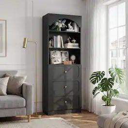 Aheaplus - 80"Tall Arched Bookcase with 3 Drawers & 3-Tier Open Shelves – Wooden Storage Cabinet for Living Room, Kitchen - Black