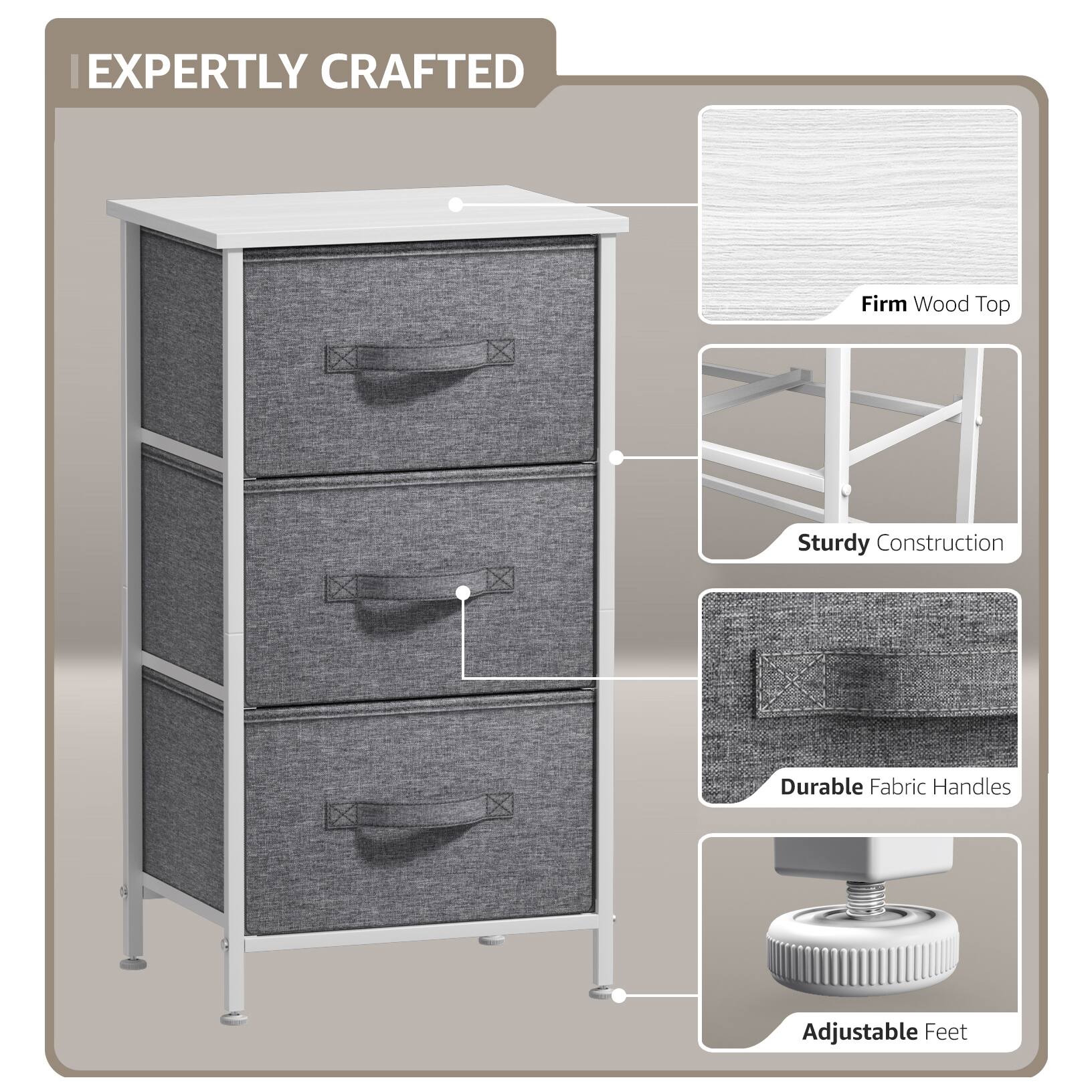 EXPERTLY CRAFTED

- Firm Wood Top
- Sturdy Construction
- Durable Fabric Handles
- Adjustable Feet