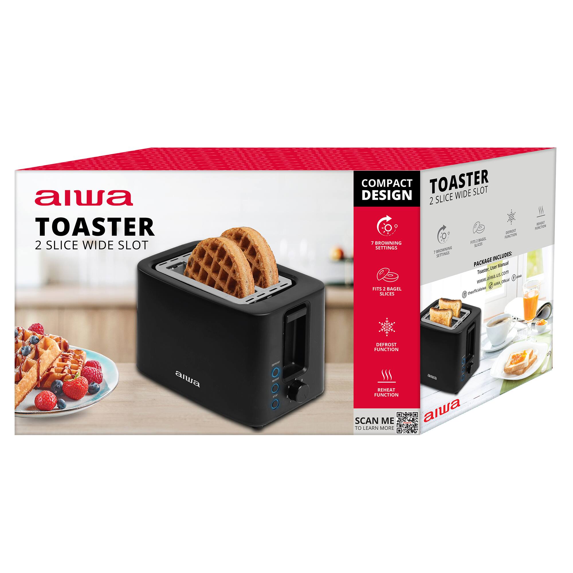 alwa TOASTER 2 SLICE WIDE SLOT COMPACT TOASTER WIDE SLOT DESIGN SLICE 2 - O T aL - 7 BROWNING SETTINGS - a SON INC vnEs PACKAGE Ua Matual T J com BK a 2M 1 J nIS 2 BAGEL SEMES nthngo_ - aa aiwa 10I0IO DEFROST FUNCTION REHEAT FUNCTION SCAN ME TO LEARN MORE - alwa