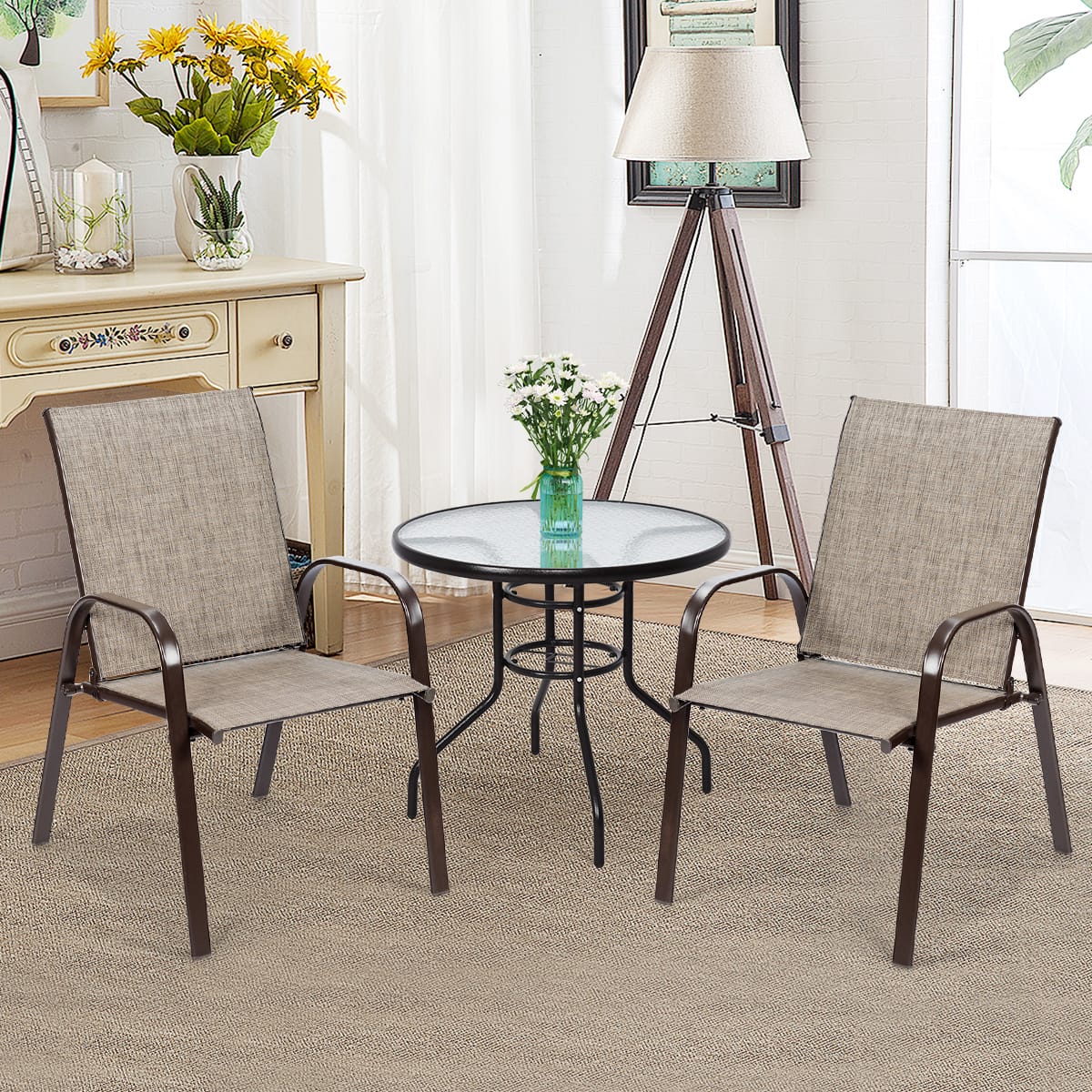Costway - 2PCS Patio Chairs Dining Chair Deck Yard W/Armrest - Gray