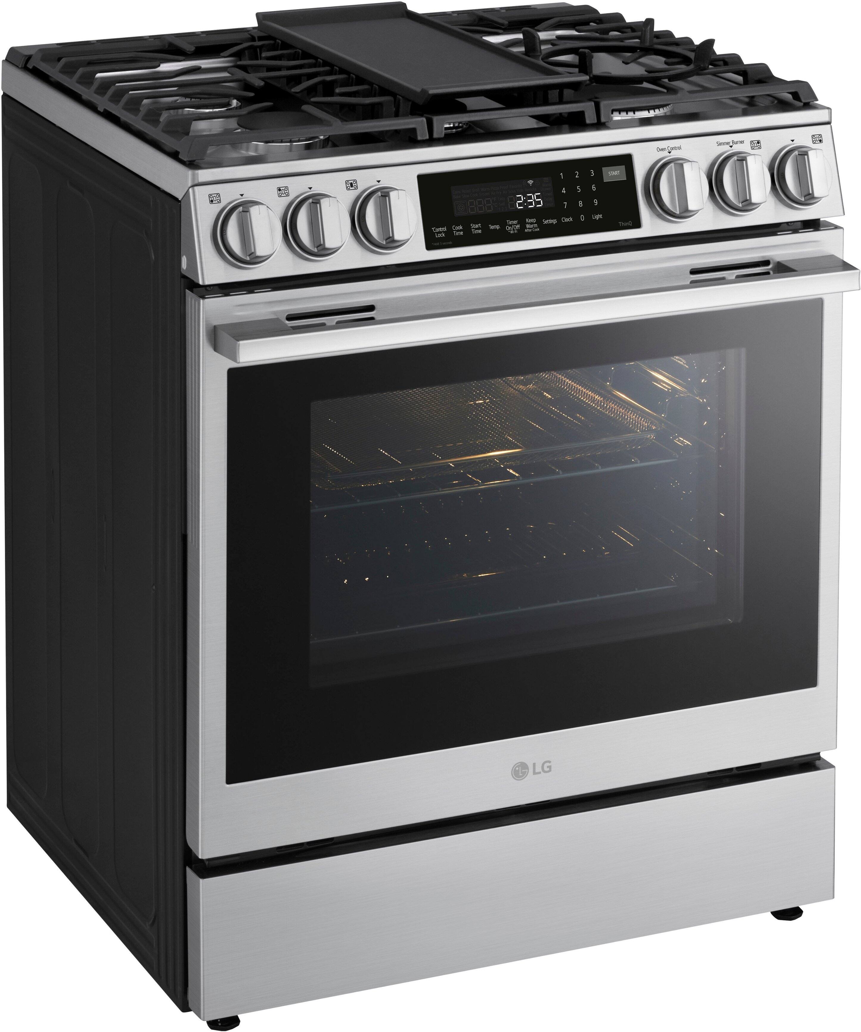 The image shows a stainless steel oven with a digital display on the front. The display shows the time of 2:35. The oven is a part of a stove top oven, and it is manufactured by LG.