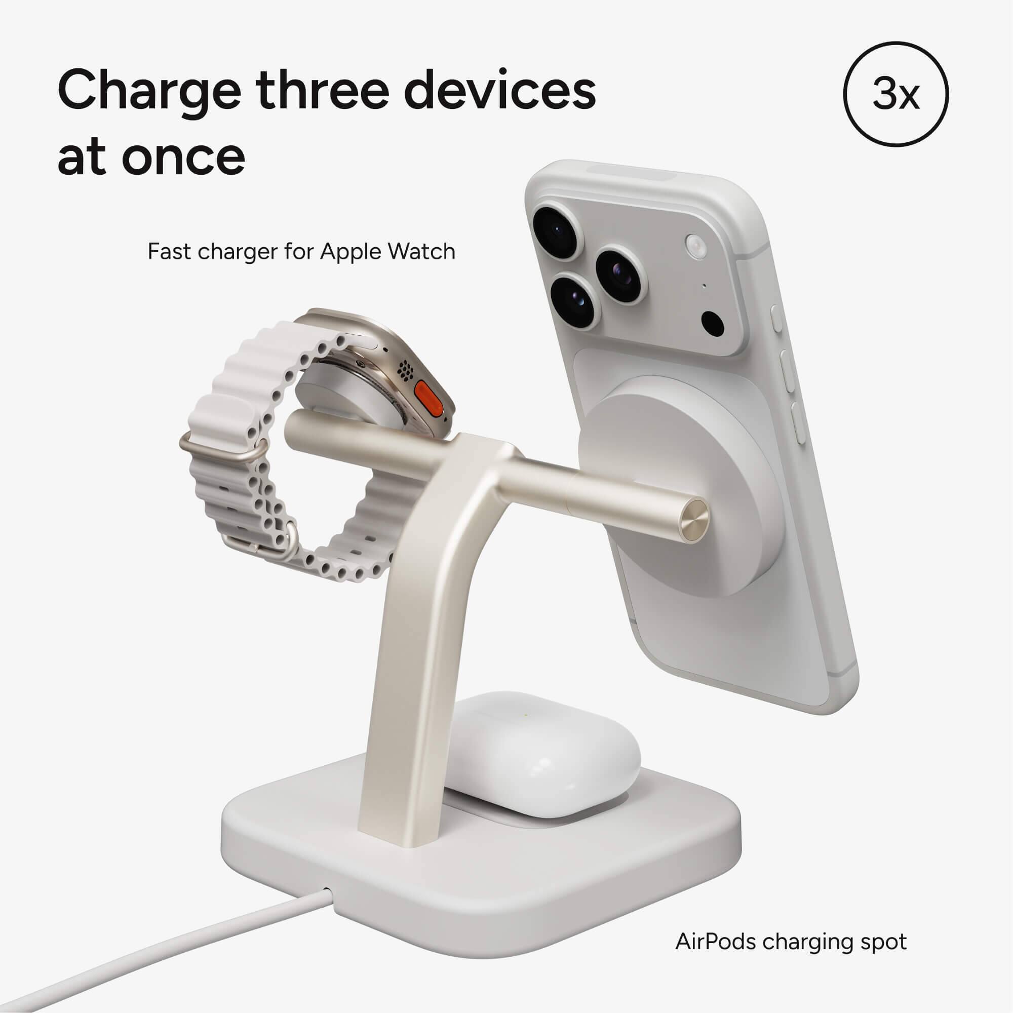 Charge three devices at once

Fast charger for Apple Watch

AirPods charging spot

3x