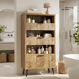 Aheaplus - 51.2" Freestanding Pantry Cabinet with 3 Large Drawers & Open Shelf, Fluted Food Storage Organizer for Kitchen - Yellow Oak
