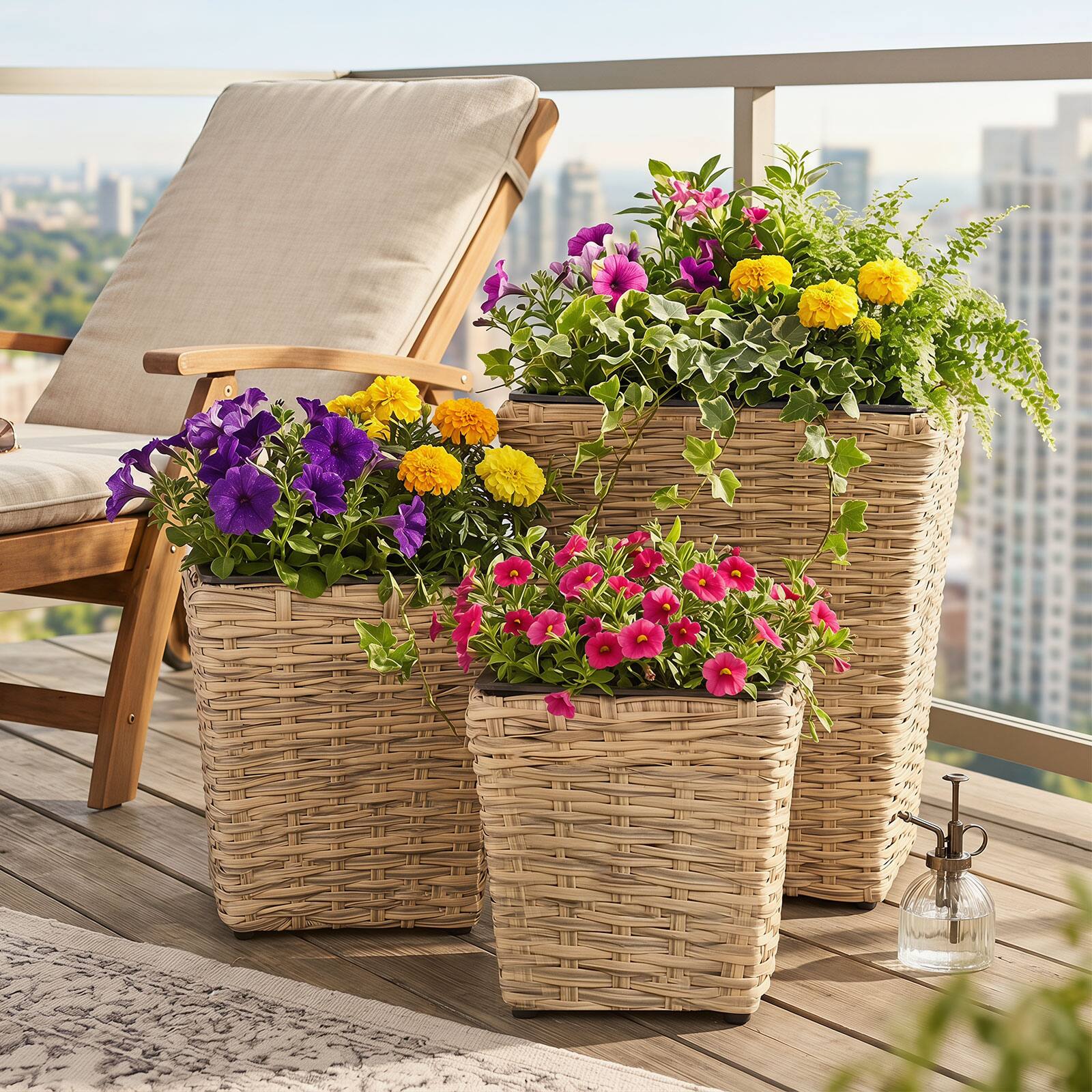 Alt View 1. Costway - Costway 3PCS Rattan Planter Box Kit with Removable Plastic Liners for Indoor Outdoor Plants - Natural.