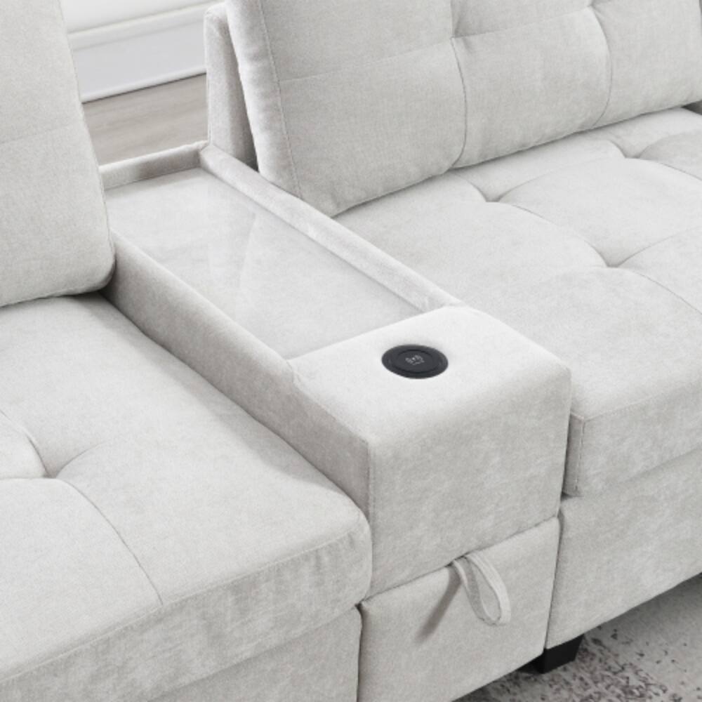 Alt View 4. LUCKY ONE - 104" L-Shape U-Shape Modular Chenille Sectional Sofa w/ 2 Consoles USB Charger Ottoman - Light Gray.