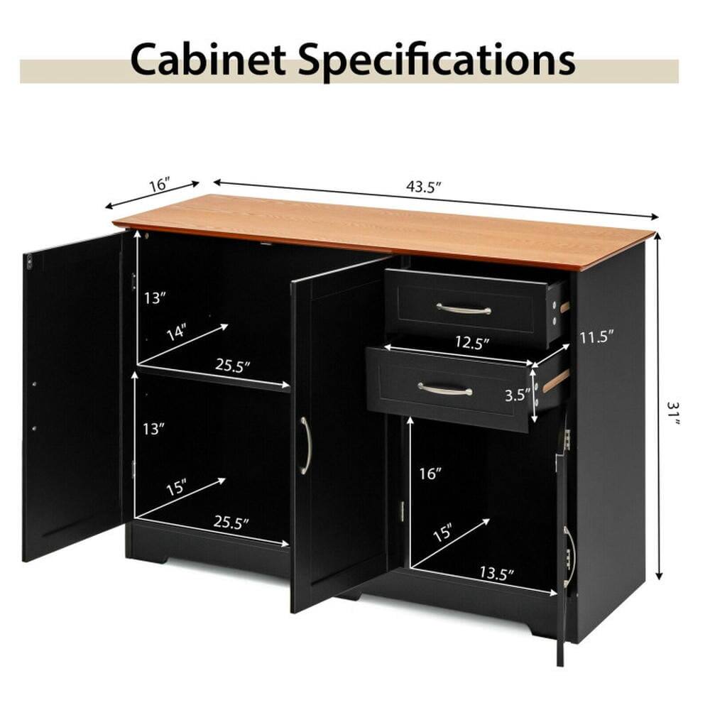 Cabinet Specifications

- Width: 43.5"
- Depth: 16"
- Height: 31"
- Drawer 1: 12.5" (Width) x 3.5" (Height)
- Drawer 2: 13" (Width) x 11.5" (Height)
- Cabinet Door 1: 14" (Height) x 25.5" (Width)
- Cabinet Door 2: 15" (Height) x 25.5" (Width)
