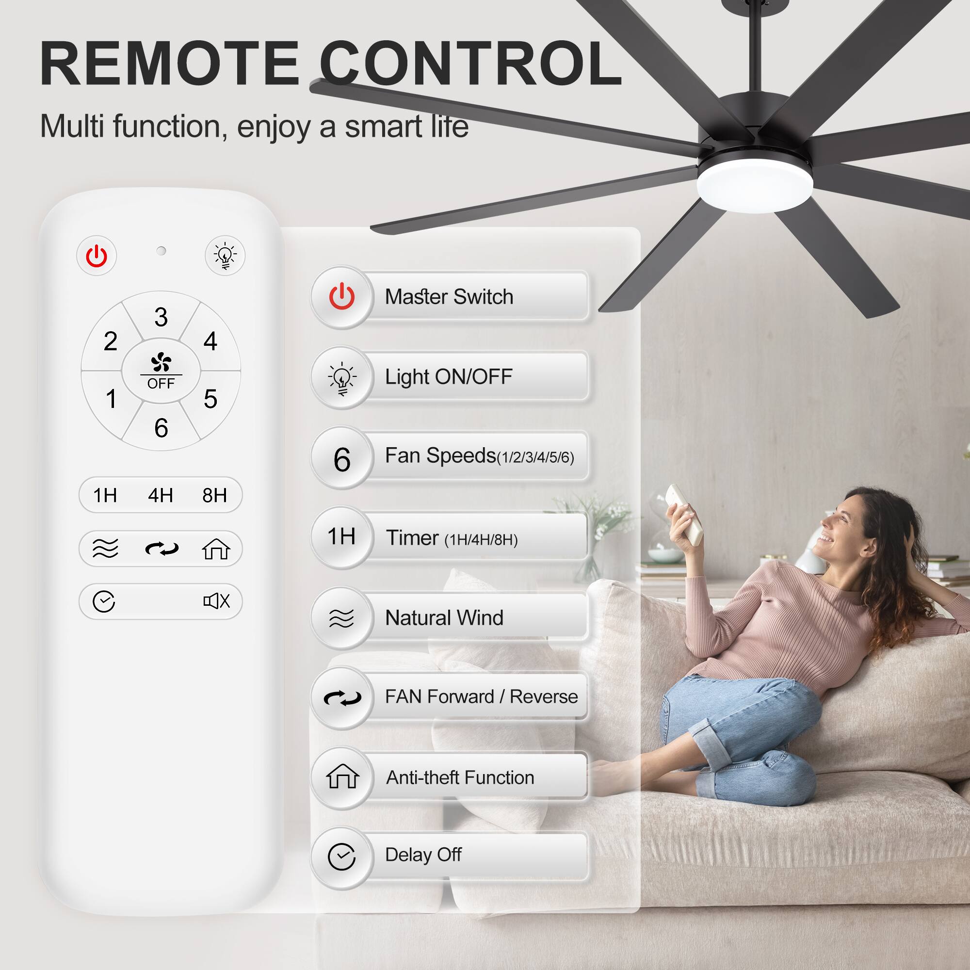 REMOTE CONTROL  
Multi function, enjoy a smart life  

- Master Switch  
- Light ON/OFF  
- Fan Speeds (1/2/3/4/5/6)  
- Timer (1H/4H/8H)  
- Natural Wind / Reverse  
- FAN Forward / Reverse  
- Anti-theft Function  
- Delay Off  

1H  
4H  
8H  

X