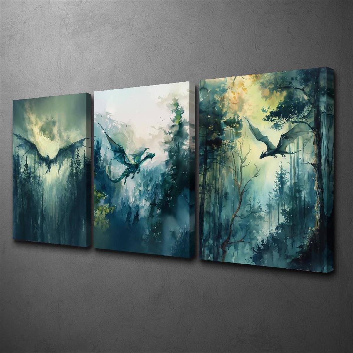 Front. blue - 3pcs Wood Frame Canvas Print Decorative Painting, Dark Academy, Mythical Creatures, Forest And Dragon Fantasy Painting, - Color:12*18inch(30*45cm).