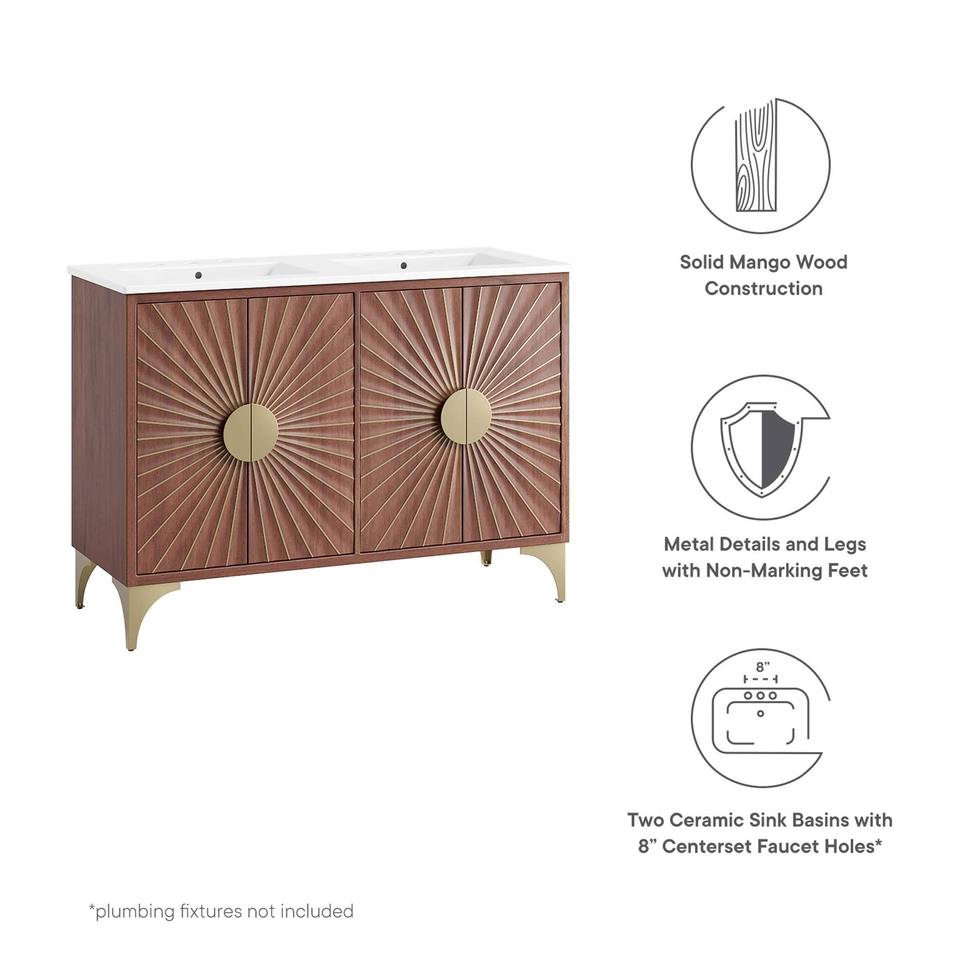 Solid Mango Wood Construction  
Metal Details and Legs with Non-Marking Feet  
8" Two Ceramic Sink Basins with 8" Centerset Faucet Holes*  
*plumbing fixtures not included