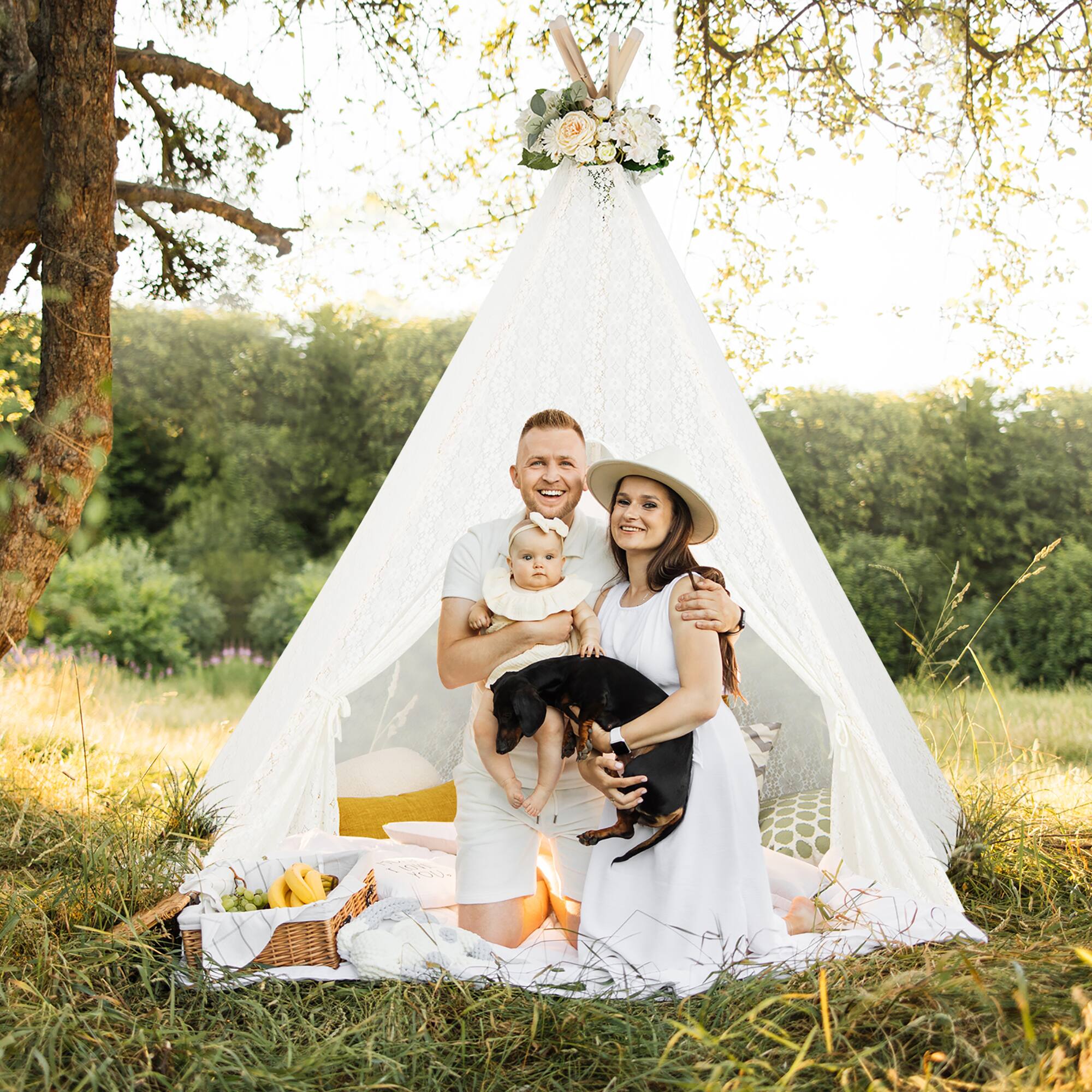 Alt View 9. Costway - Costway 85" Height 5 Sides Huge Lace Play Tent for Kids Adult Wedding w/ Light Strings - White.