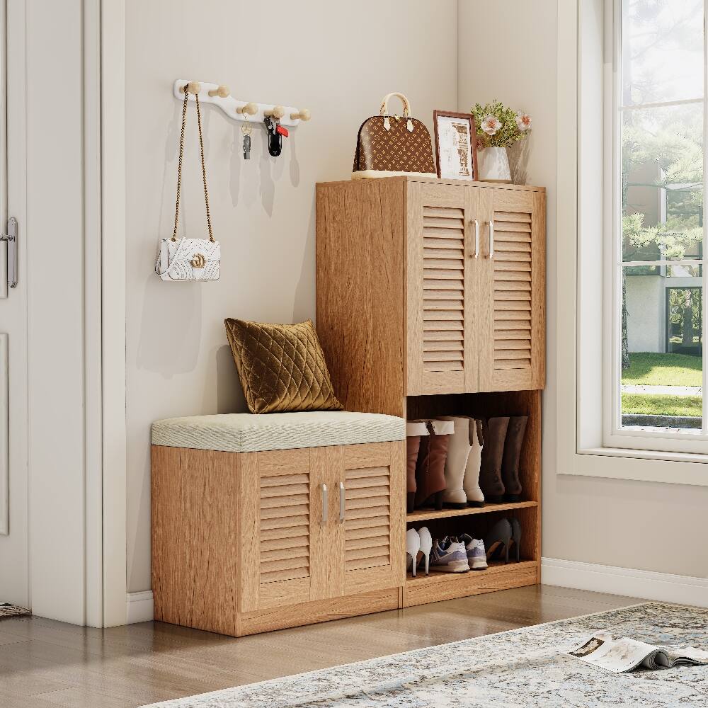 Angle. Loheer - Loheer oak shoe storage cabinet with bench and louvered doors - Oak.